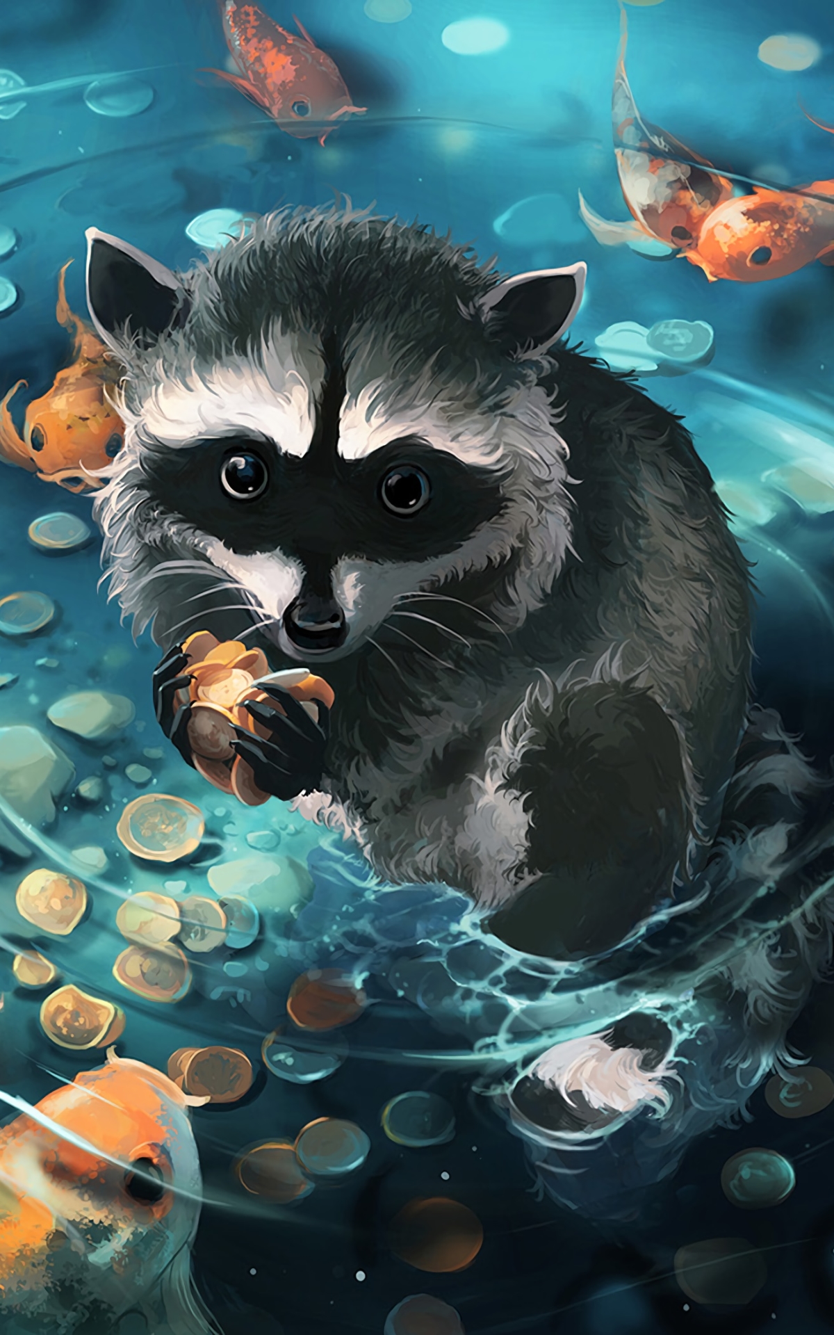 Download mobile wallpaper Fantasy, Animal, Coin, Fish, Raccoon, Fantasy Animals for free.