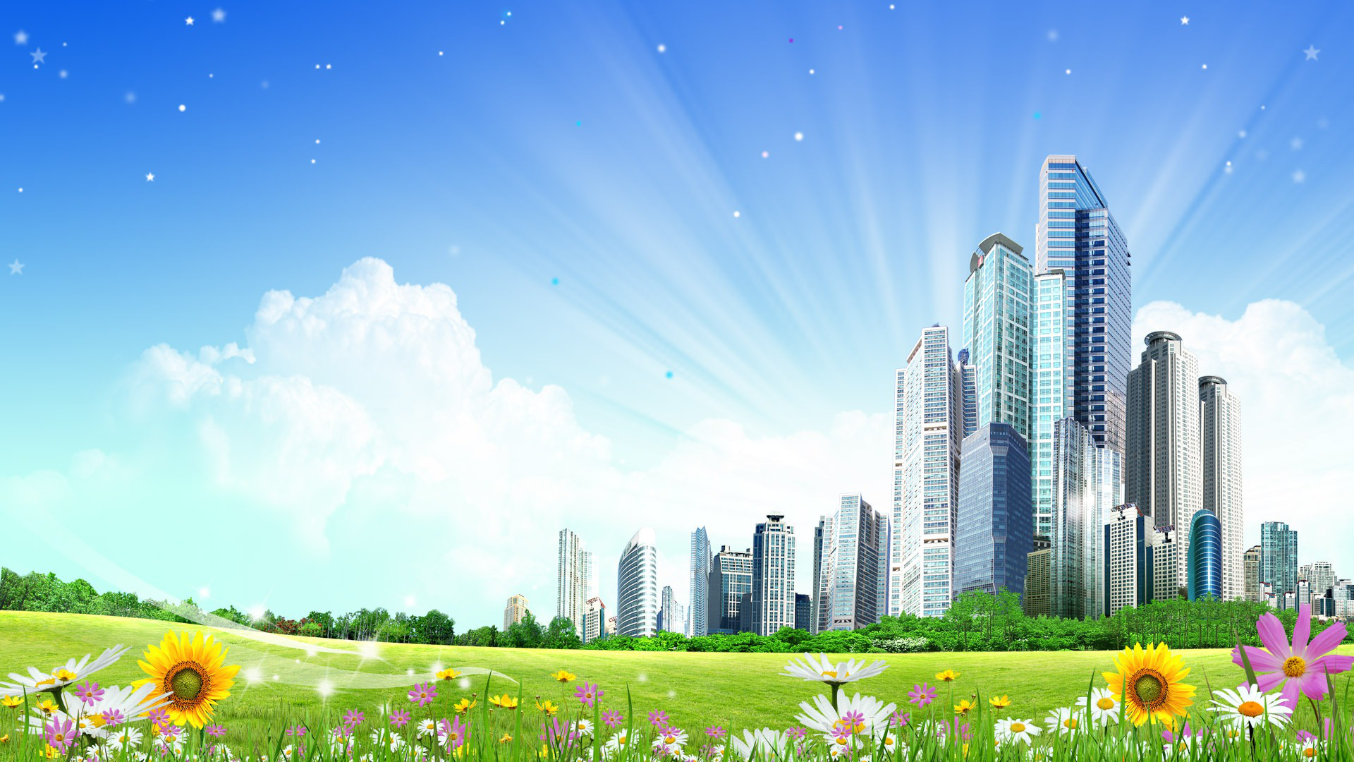 Free download wallpaper Landscape, Fantasy, City, Flower on your PC desktop