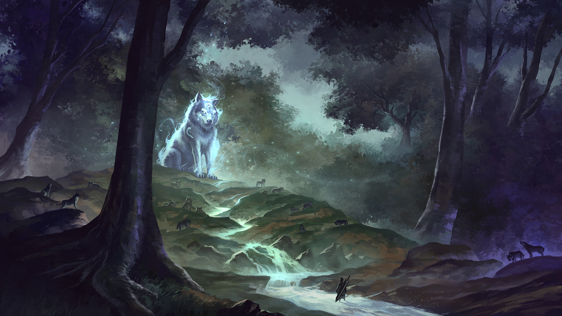 Laden Sie das Fantasie, Wald, Wolf, Krieger, Gigant, Fantasietiere-Bild kostenlos auf Ihren PC-Desktop herunter