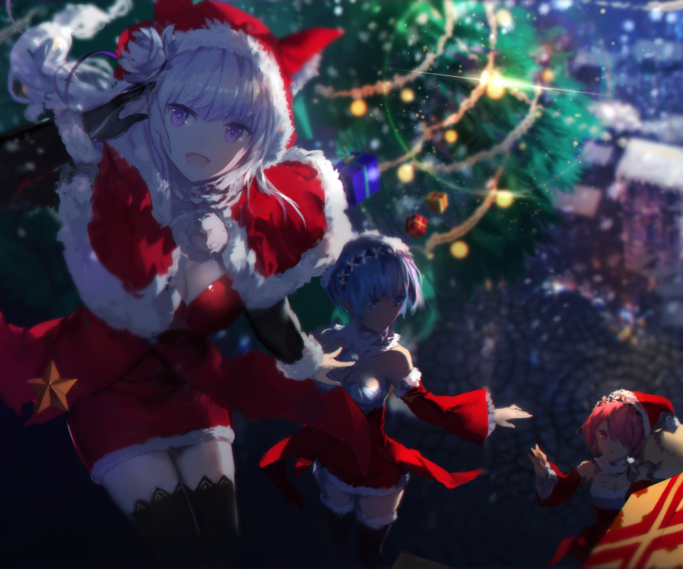 PCデスクトップにクリスマス, アニメ, エミリア (Re:ゼロ), Re:ゼロから始める異世界生活, ラム（Re:ゼロ）, レム（Re:ゼロ）画像を無料でダウンロード