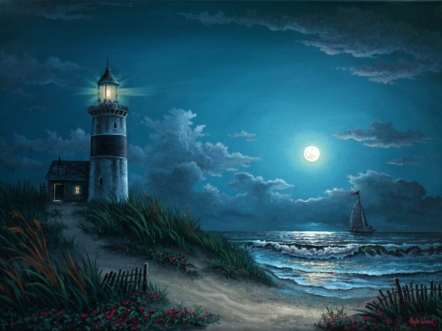 Laden Sie das Mond, Ozean, Leuchtturm, Malerei, Segelboot, Nacht, Meer, Künstlerisch-Bild kostenlos auf Ihren PC-Desktop herunter