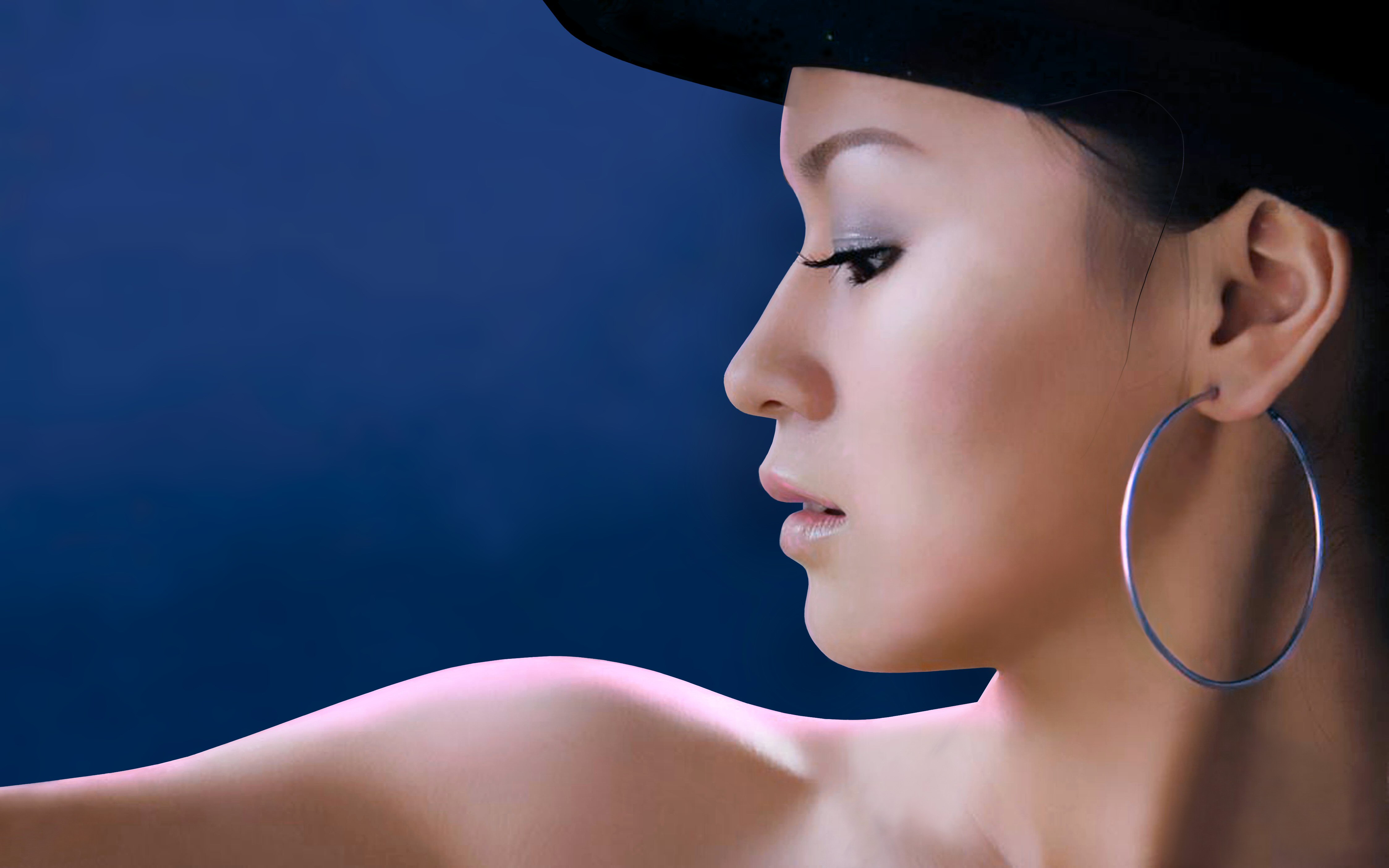women, beautiful, asian, blue, earrings, face, hat, oriental, profile