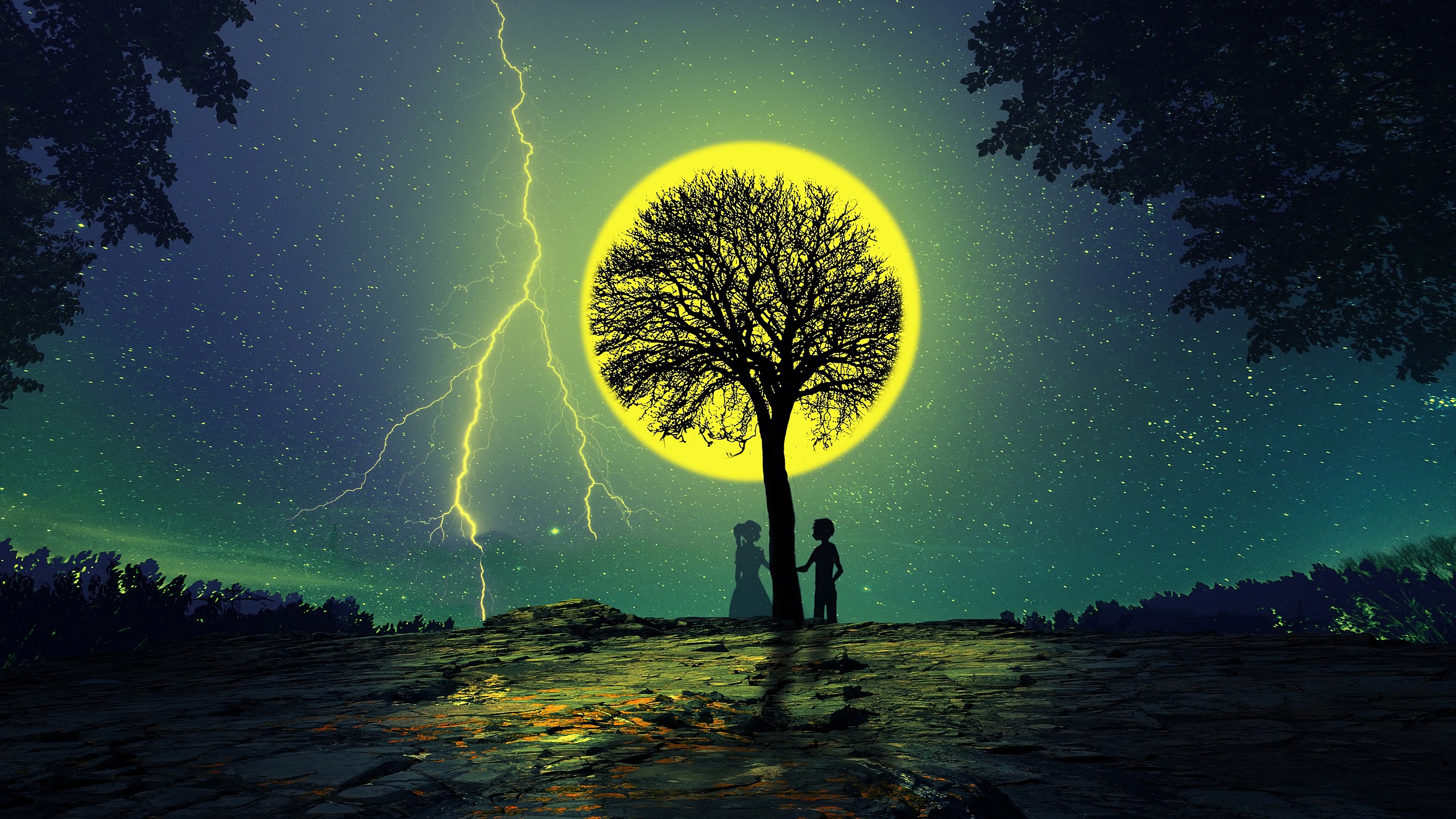 Download mobile wallpaper Anime, Night, Moon, Lightning, Love, Couple, Tree for free.