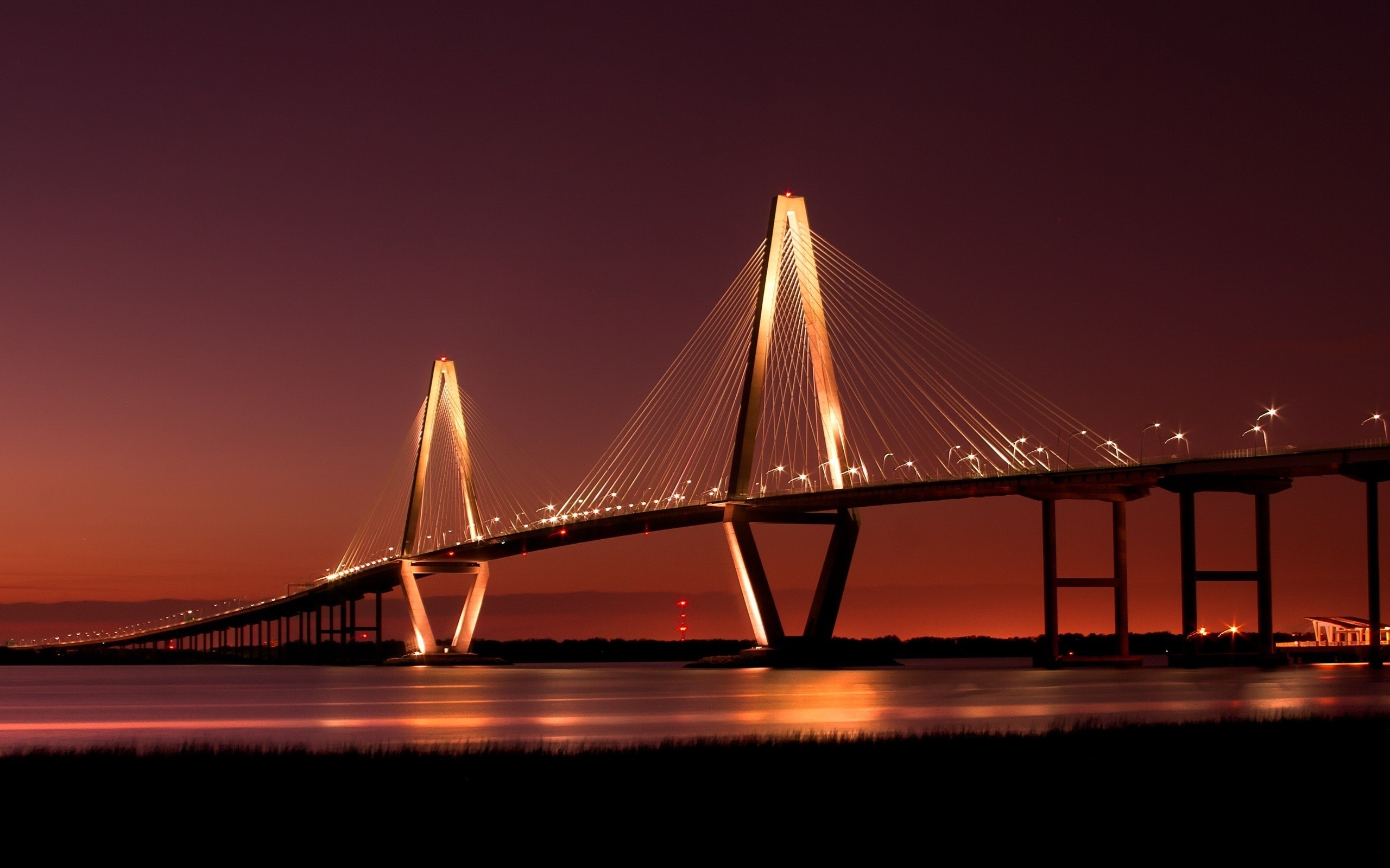 PCデスクトップに川, 橋, 光, 夜, マンメイド画像を無料でダウンロード