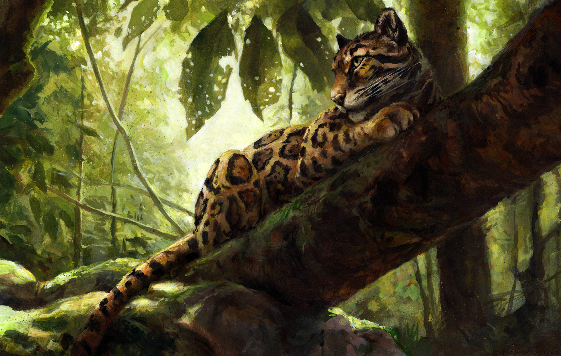 410242 скачать обои дымчатый леопард, животные, джунгли, картина, кошки - заставки и картинки бесплатно