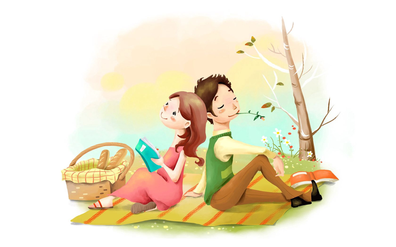 drawing, flowers, love, picture, girl, basket, lawn, positive, guy, bread, picnic, reverie, dreaminess