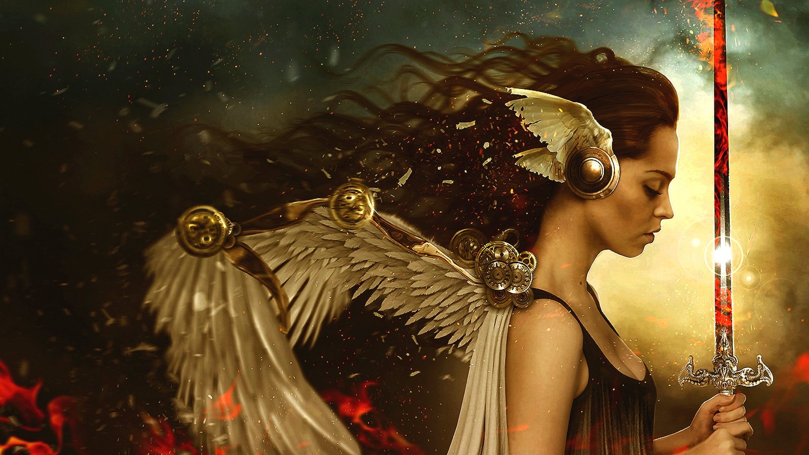 Download mobile wallpaper Fantasy, Fire, Wings, Angel, Sword, Woman Warrior, Angel Warrior for free.