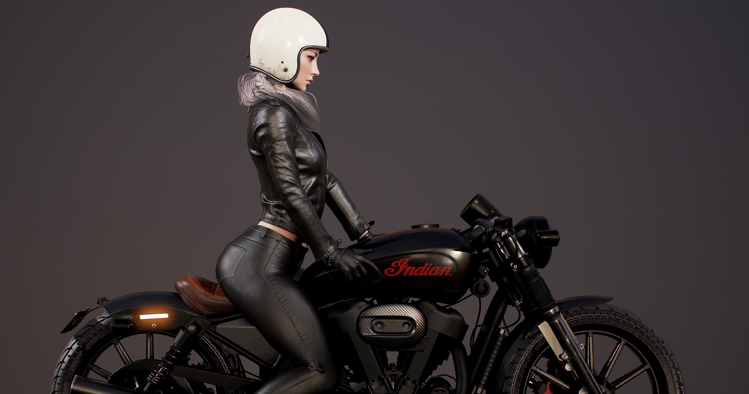 women, artistic, biker, helmet, leather jacket, motorcycle