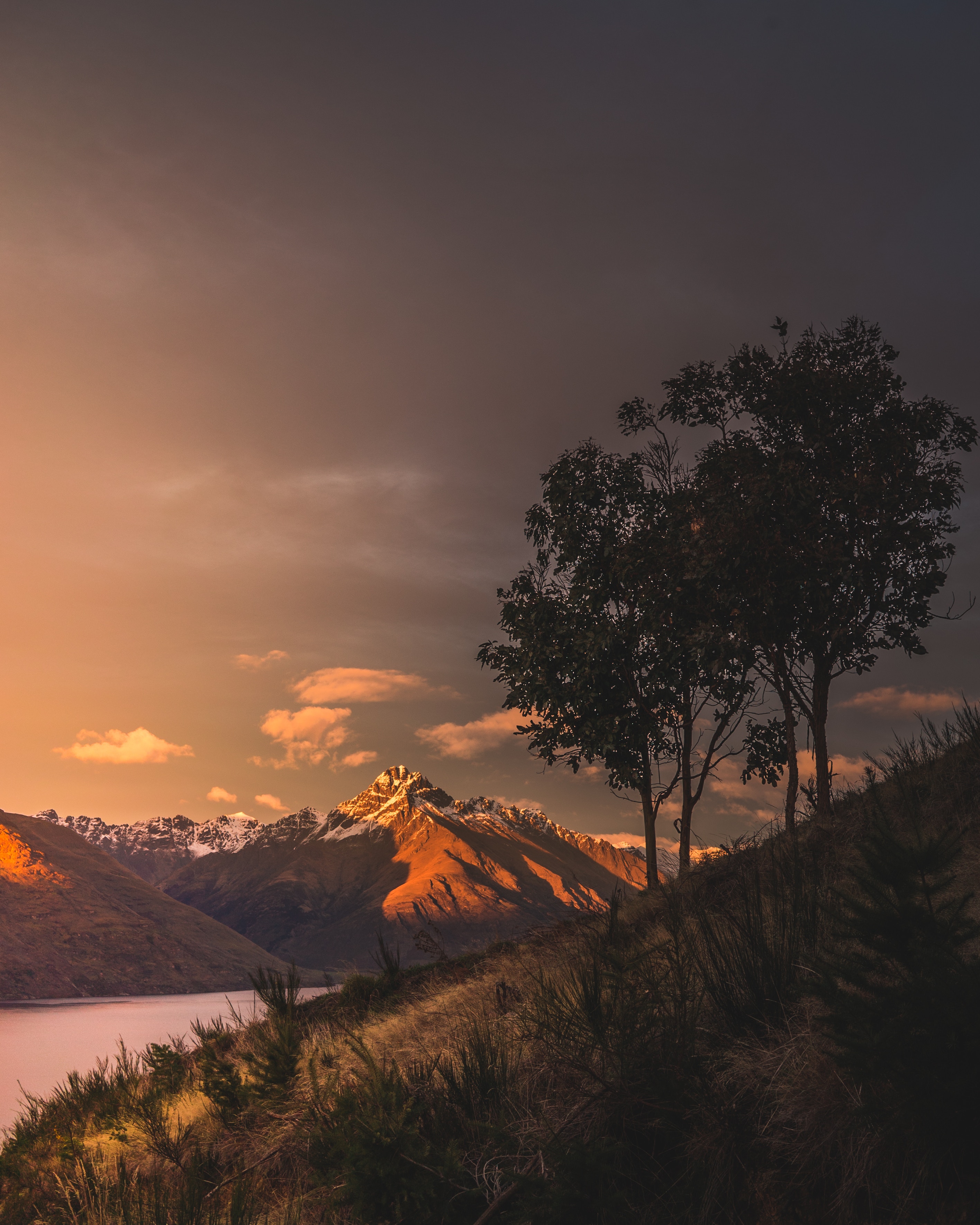mountains, sunset, new zealand, lake, nature, grass HD wallpaper