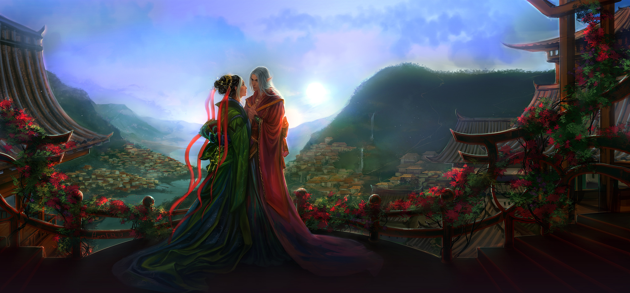 Free download wallpaper Landscape, Fantasy, Love, Couple, Romantic, Asian on your PC desktop