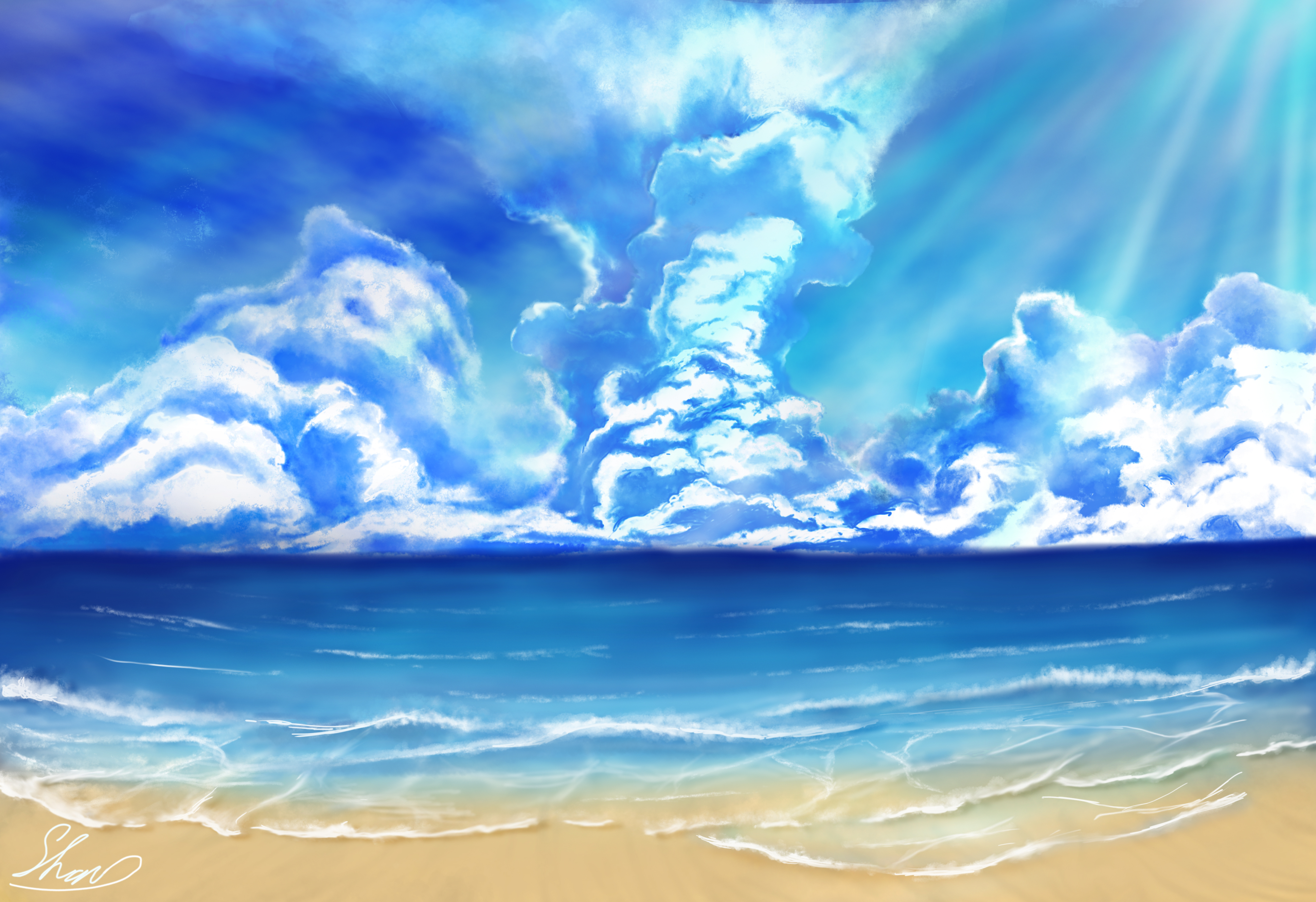 Скачать обои бесплатно Облака, Пляж, Океан, Художественные картинка на рабочий стол ПК