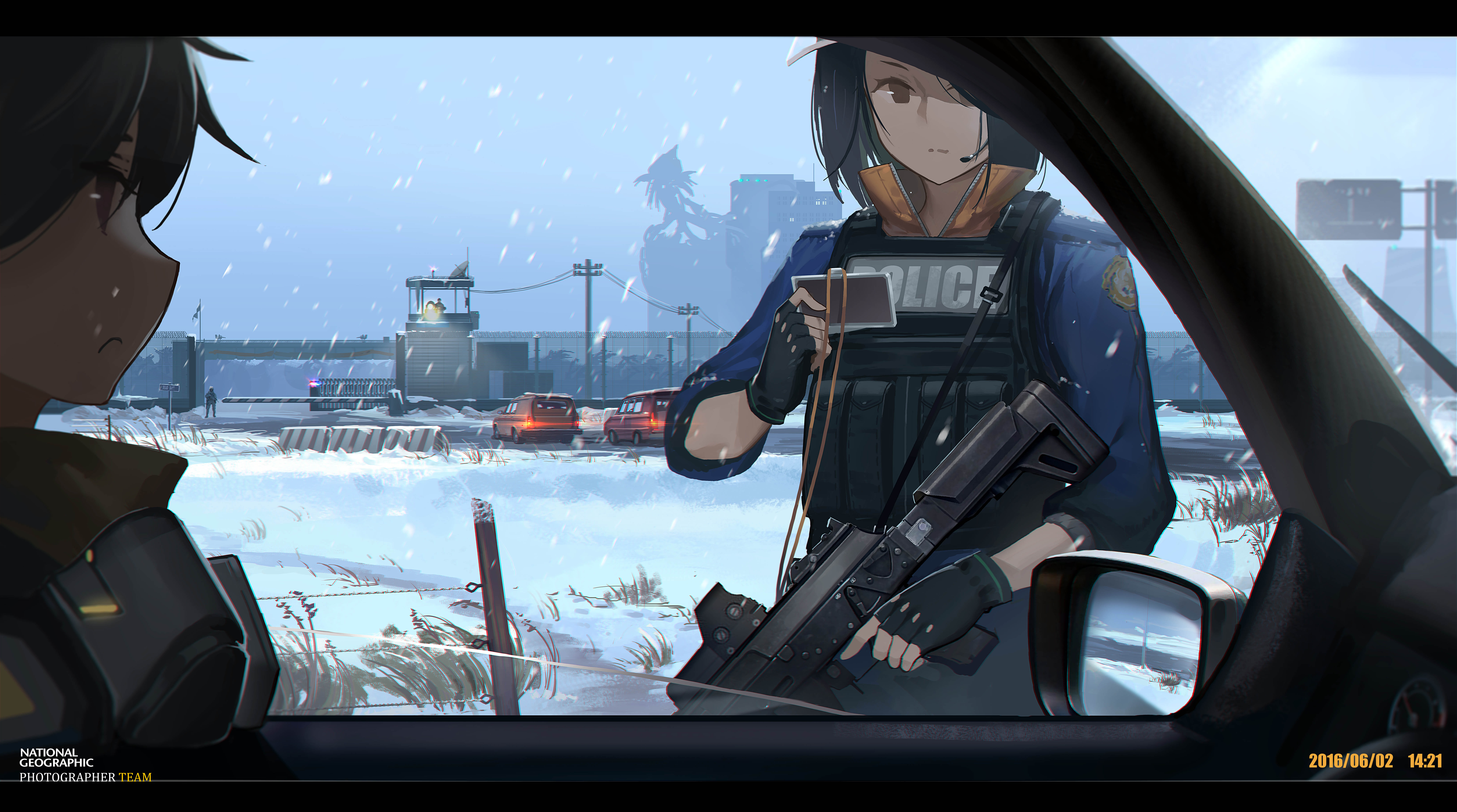 Download mobile wallpaper Anime, Snow, Original, Police, Gun for free.