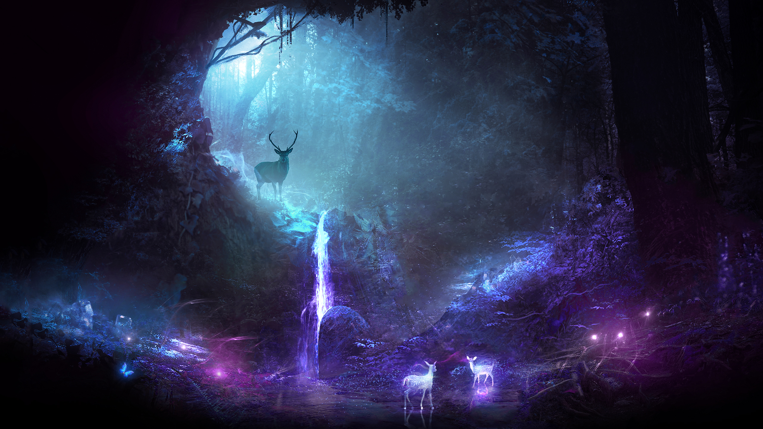 Download mobile wallpaper Fantasy, Night, Waterfall, Deer, Spirit, Fantasy Animals for free.