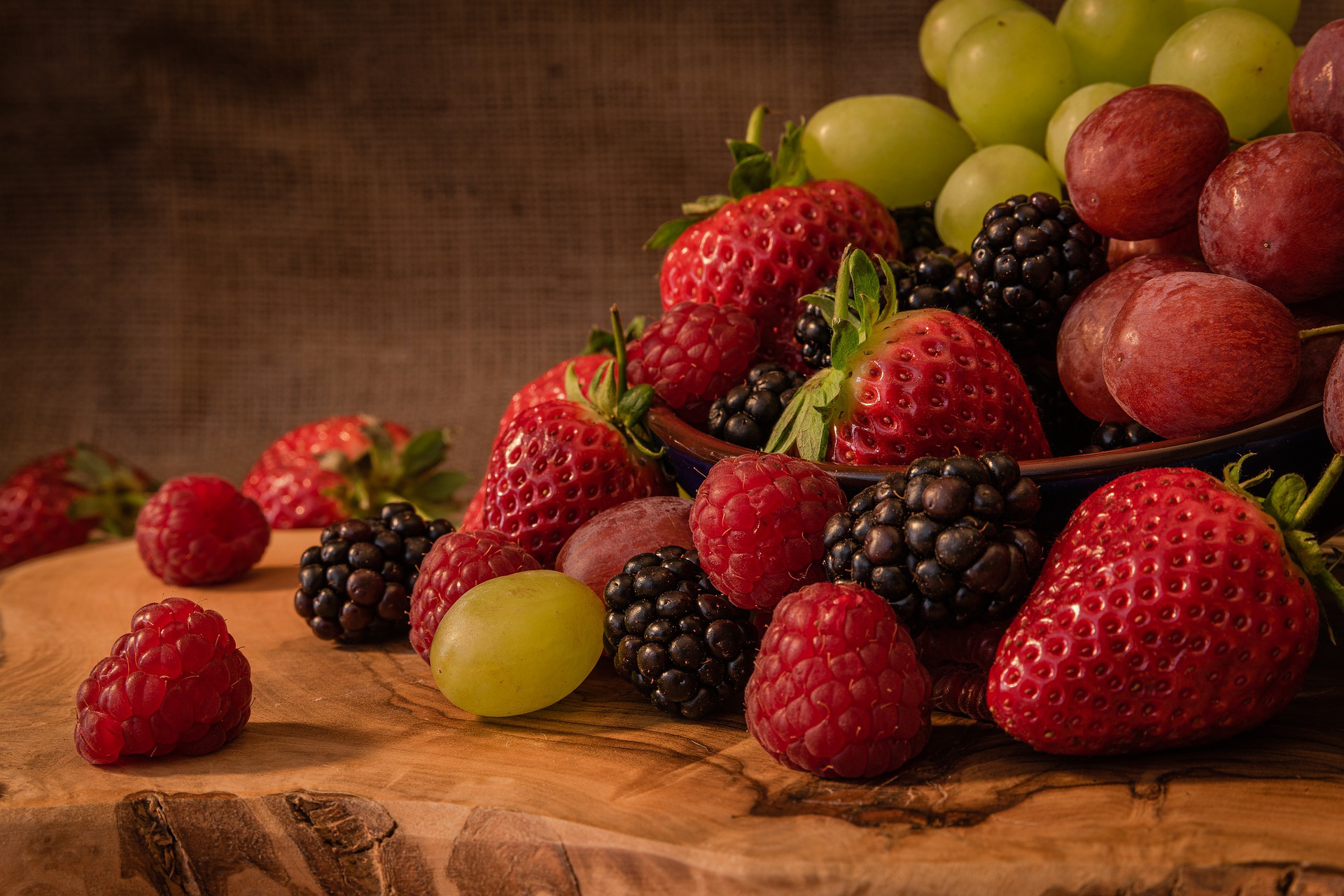 Download mobile wallpaper Food, Strawberry, Grapes, Raspberry, Still Life, Blackberry for free.
