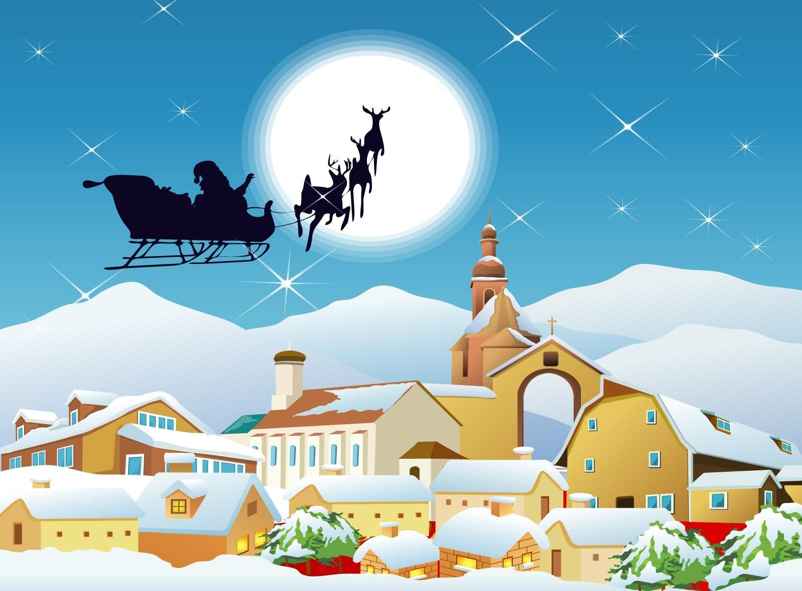 holidays, houses, santa claus, moon, city, flight, sleigh, sledge