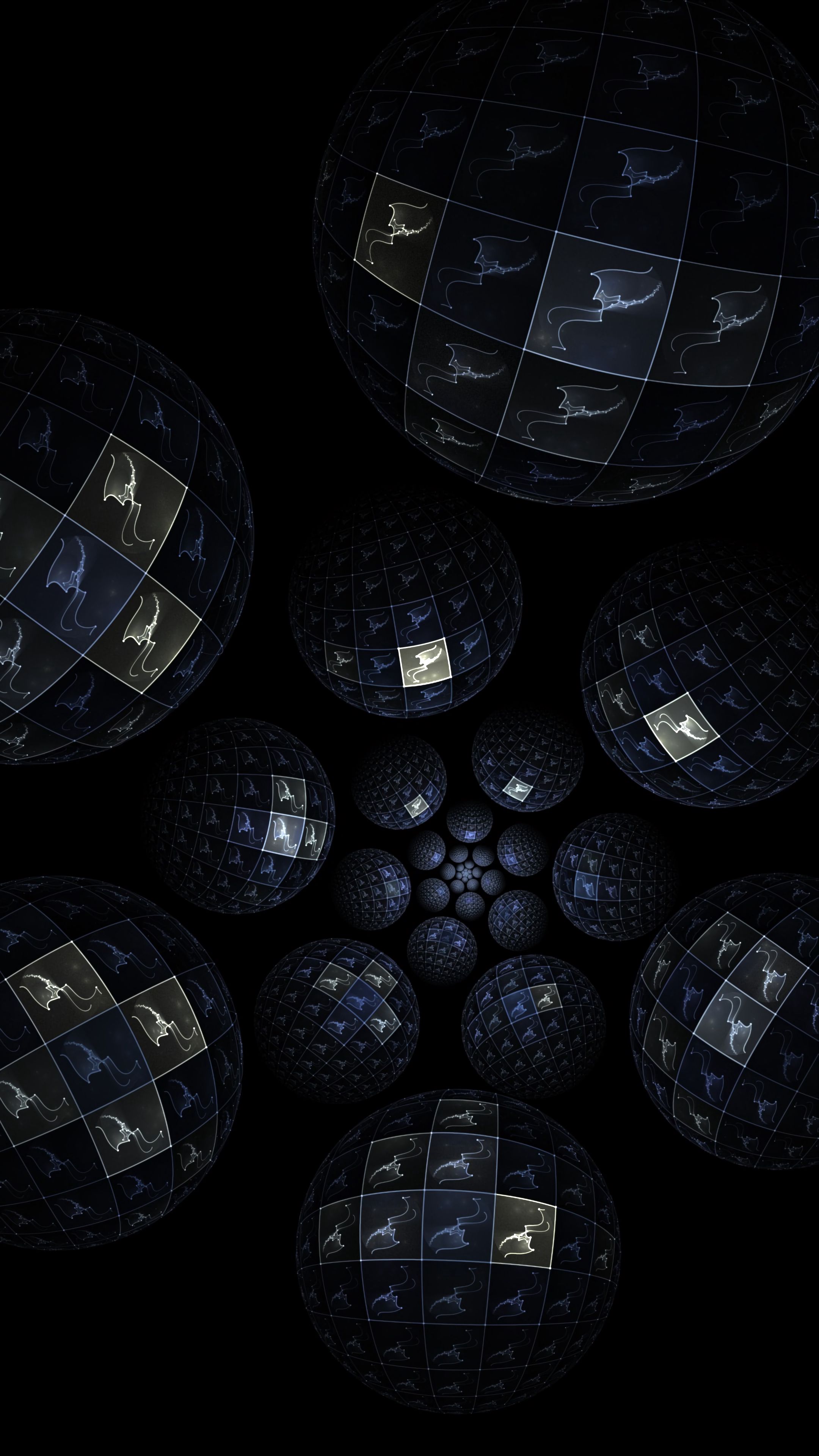 fractal, dark, immersion, abstract, patterns, balls lock screen backgrounds