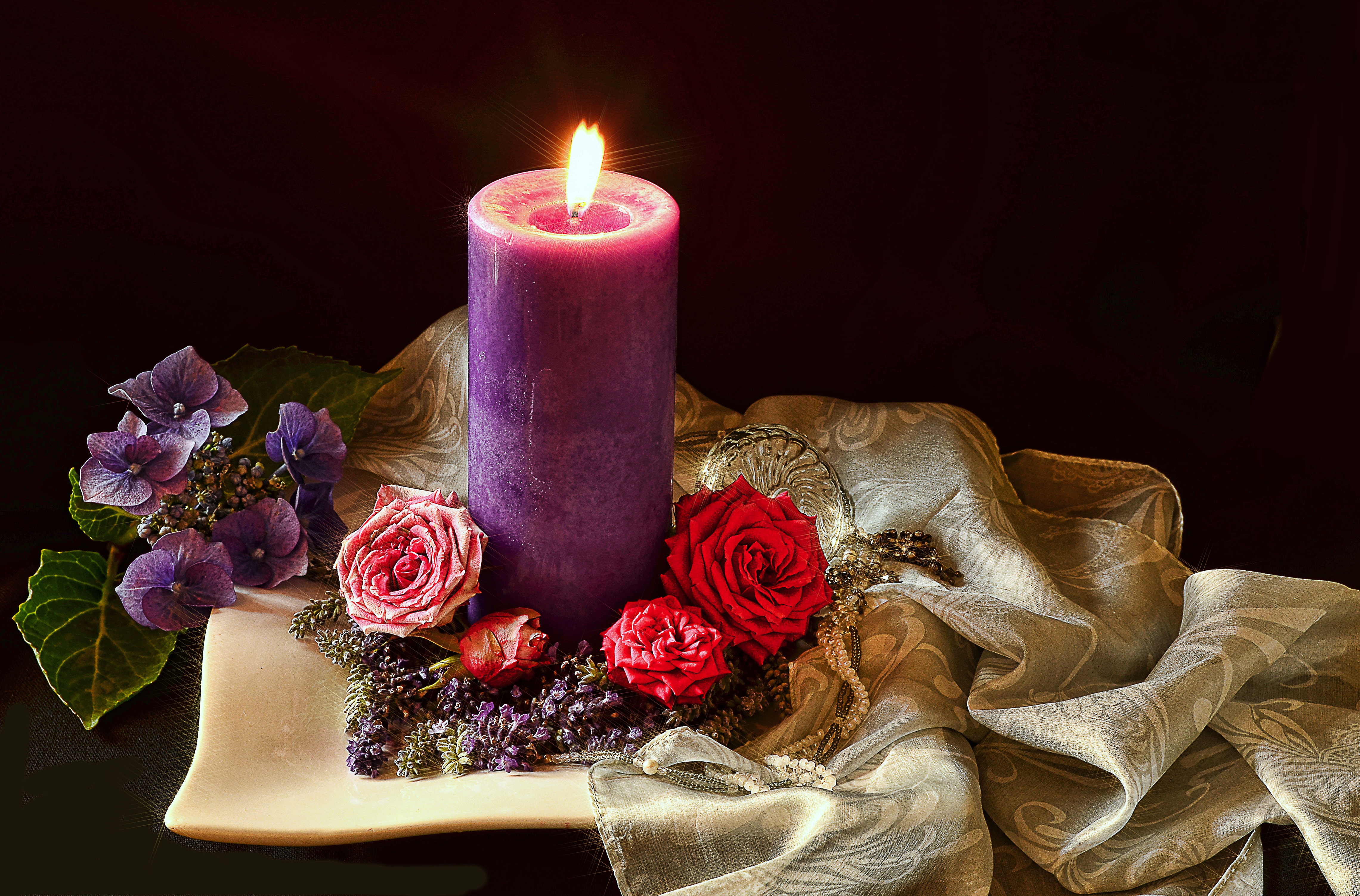 Download mobile wallpaper Still Life, Flower, Rose, Candle, Photography, Scarf for free.