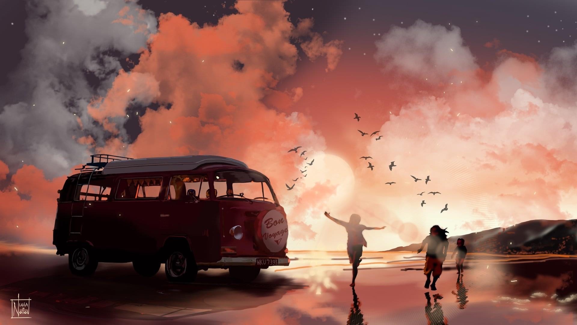 998053 завантажити шпалери аніме, світанок: пісня двох людей, автобус, хмара, небо, захід сонця - заставки і картинки безкоштовно