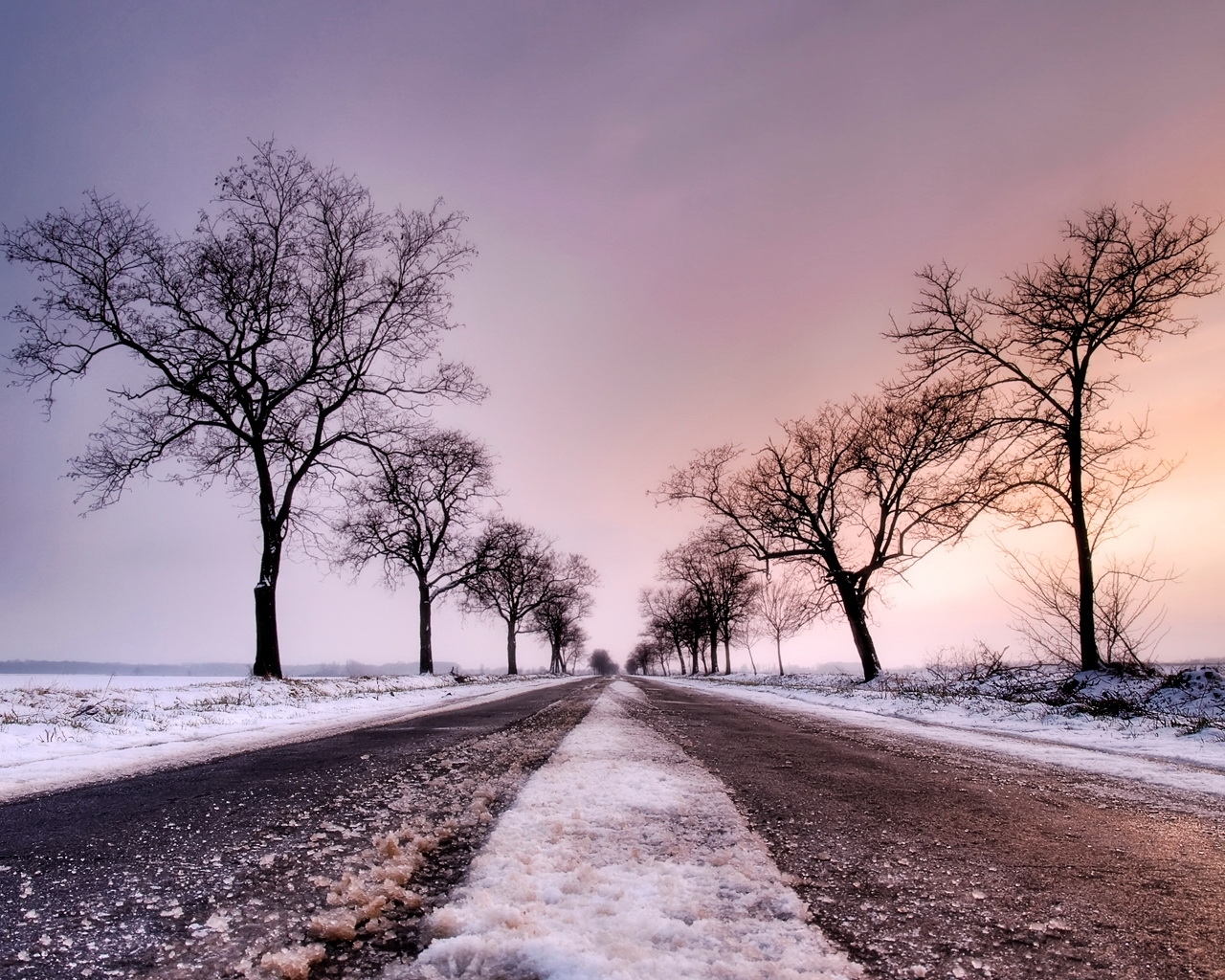 Handy-Wallpaper Landschaft, Winter, Bäume, Roads kostenlos herunterladen.