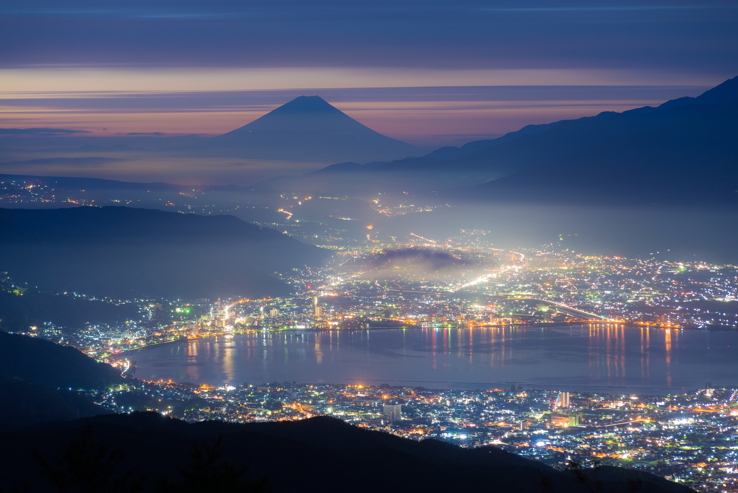 Download mobile wallpaper Night, City, Earth, Japan, Mount Fuji, Volcanoes for free.