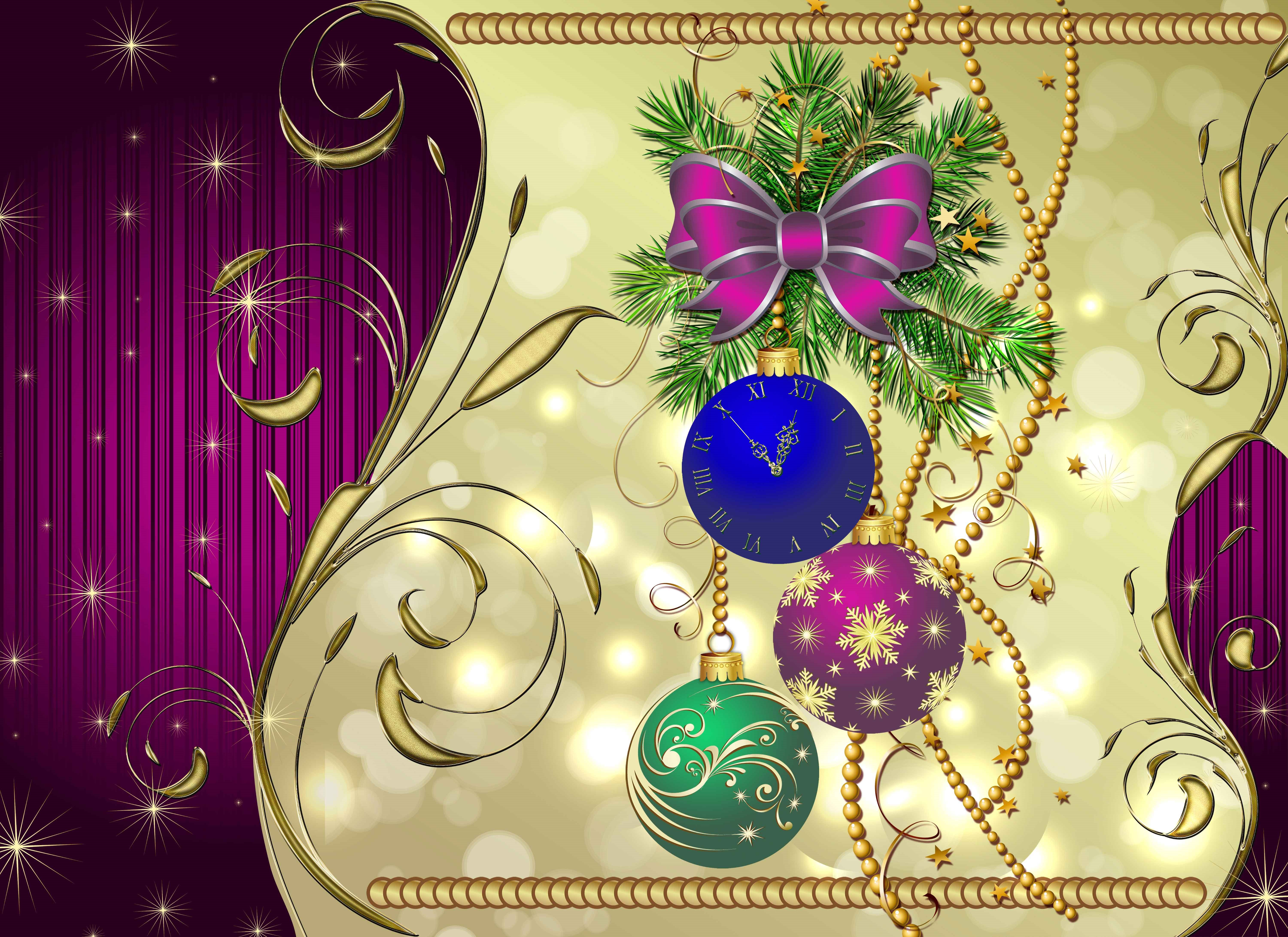 Free download wallpaper New Year, Clock, Gold, Holiday, Purple, Christmas Ornaments on your PC desktop