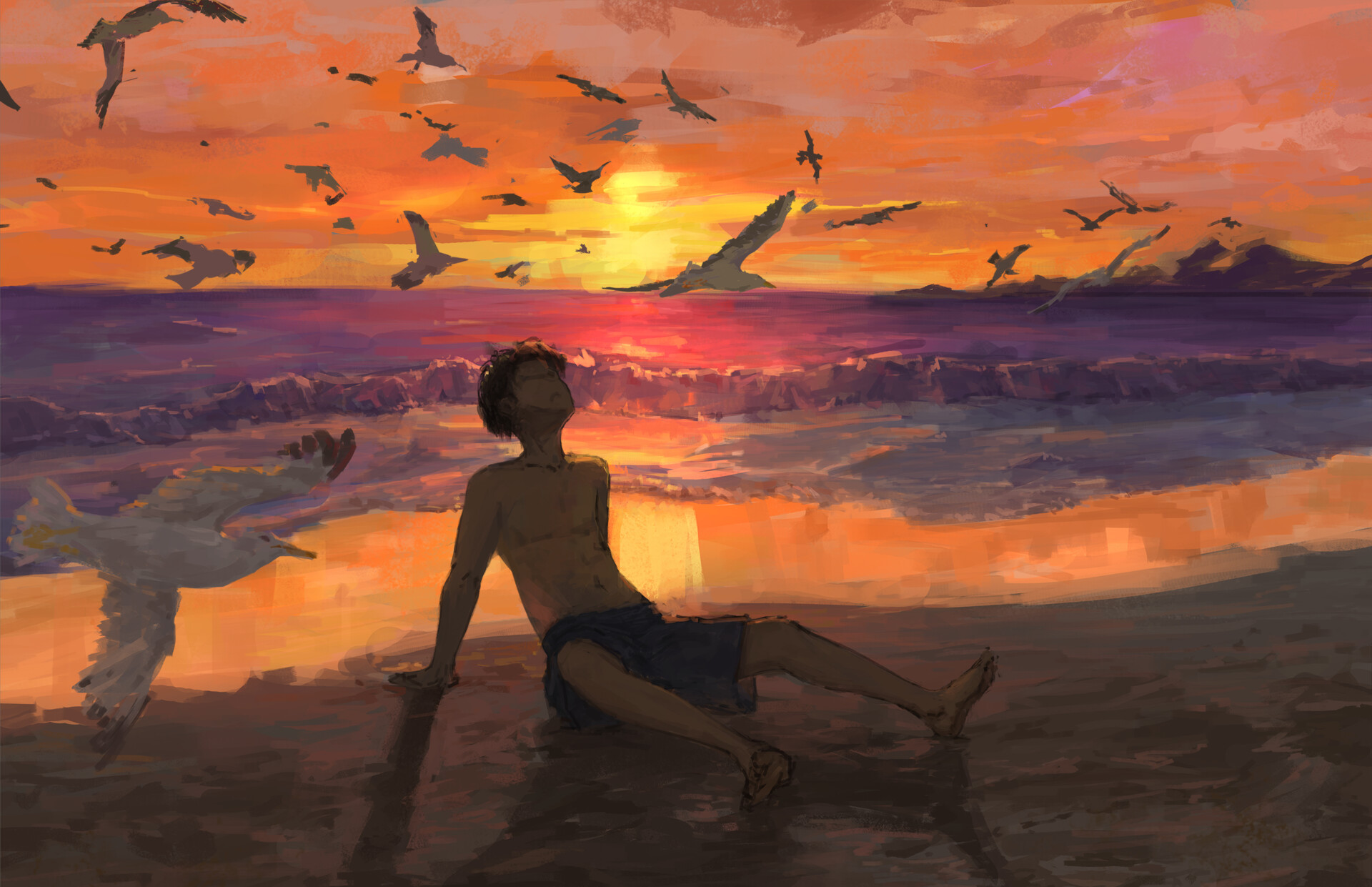 Free download wallpaper Anime, Landscape, Sunset, Sea, Beach, Bird, Boy on your PC desktop