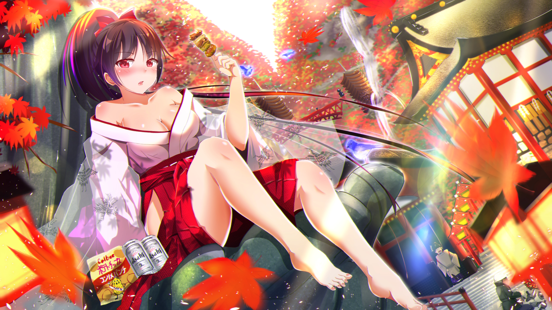 Free download wallpaper Anime, Food, Leaf, Drink, Kimono, Original, Blush, Red Eyes, Long Hair, Bow (Clothing), Barefoot, Ponytail, Japanese Clothes on your PC desktop