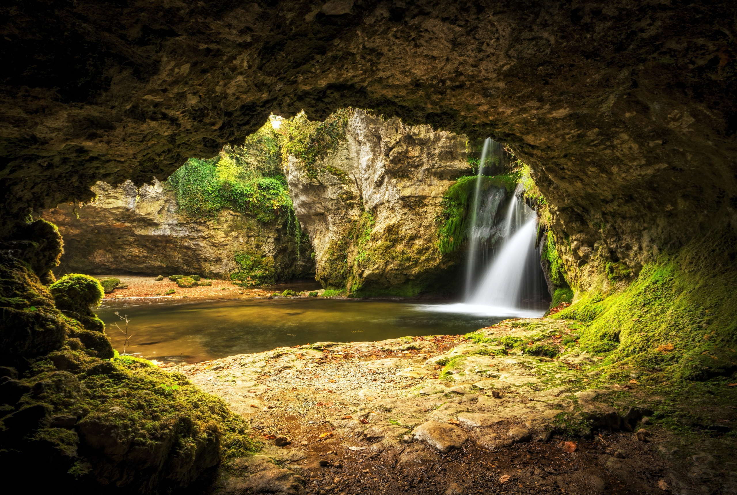 Free download wallpaper Nature, Caves, Lake, Waterfall, Earth, Moss, Cave on your PC desktop