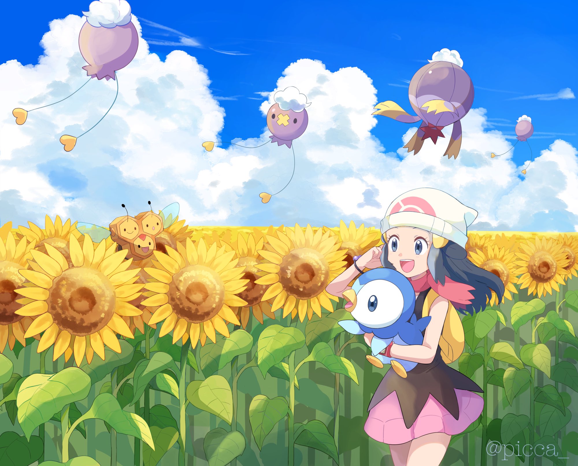 Download mobile wallpaper Anime, Pokémon, Sunflower, Piplup (Pokémon), Dawn (Pokémon), Combee (Pokémon), Drifloon (Pokémon) for free.