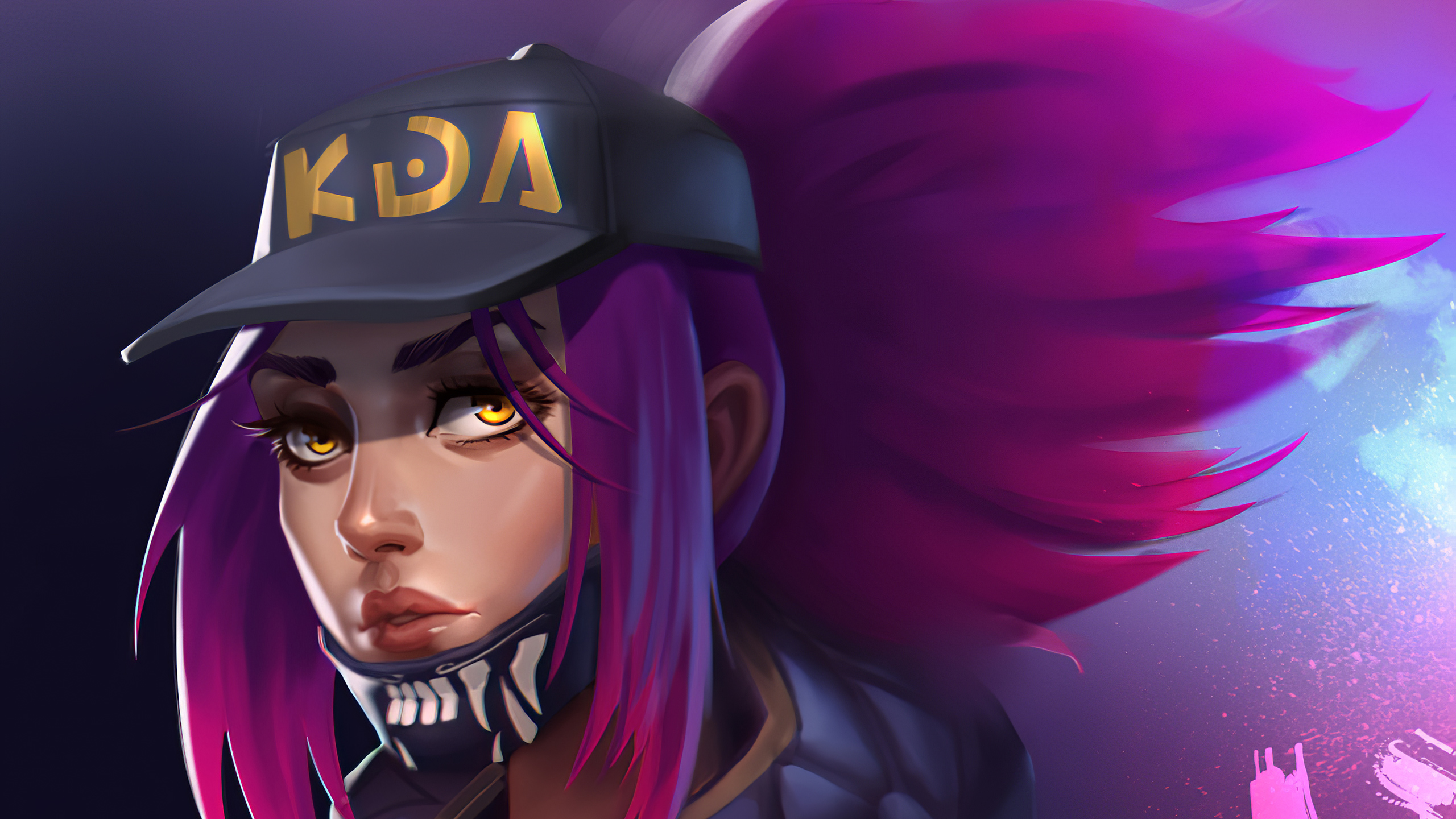 Free download wallpaper League Of Legends, Cap, Face, Yellow Eyes, Pink Hair, Video Game, Akali (League Of Legends) on your PC desktop