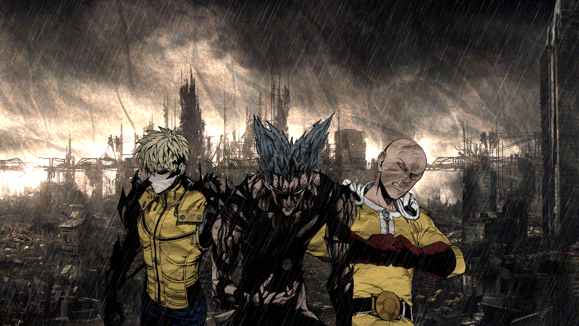 garou (one punch man), anime, one punch man, genos (one punch man), one punch man season 2, rain, saitama (one punch man)