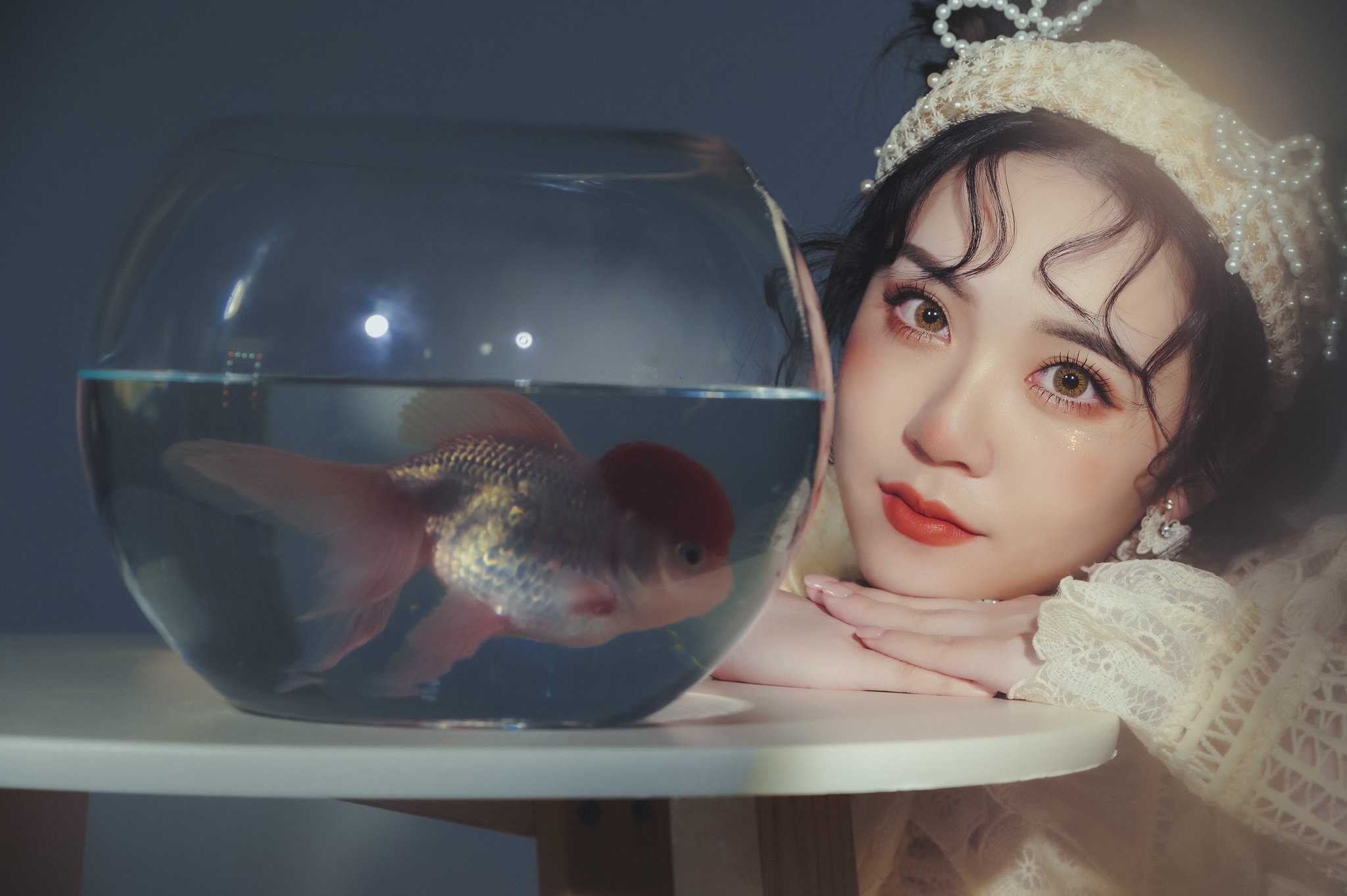 Download mobile wallpaper Fish, Model, Women, Asian, Lipstick for free.