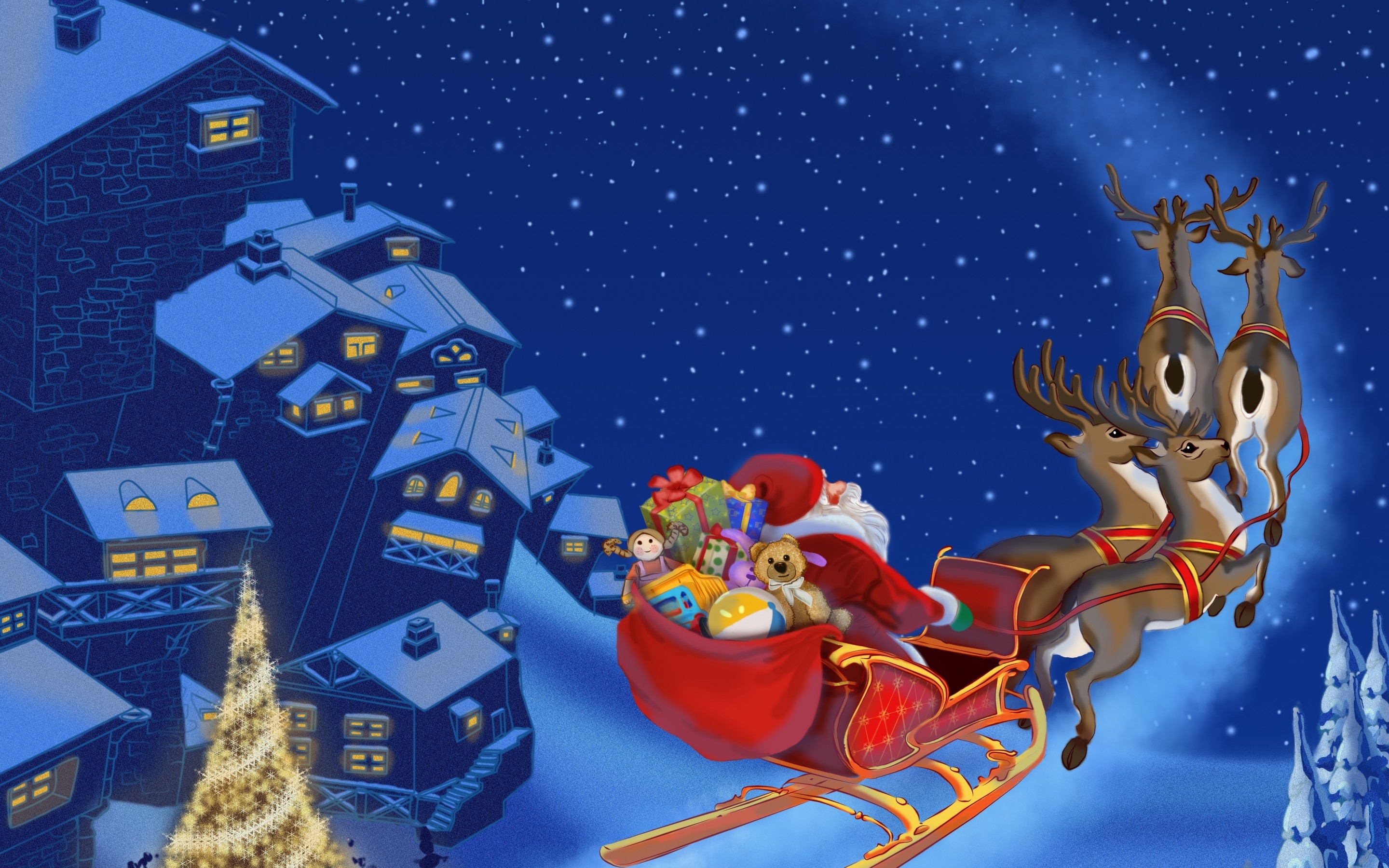 Скачать обои бесплатно Рождество, Сани, Рождественская Елка, Праздничные, Санта, Северный Олень картинка на рабочий стол ПК