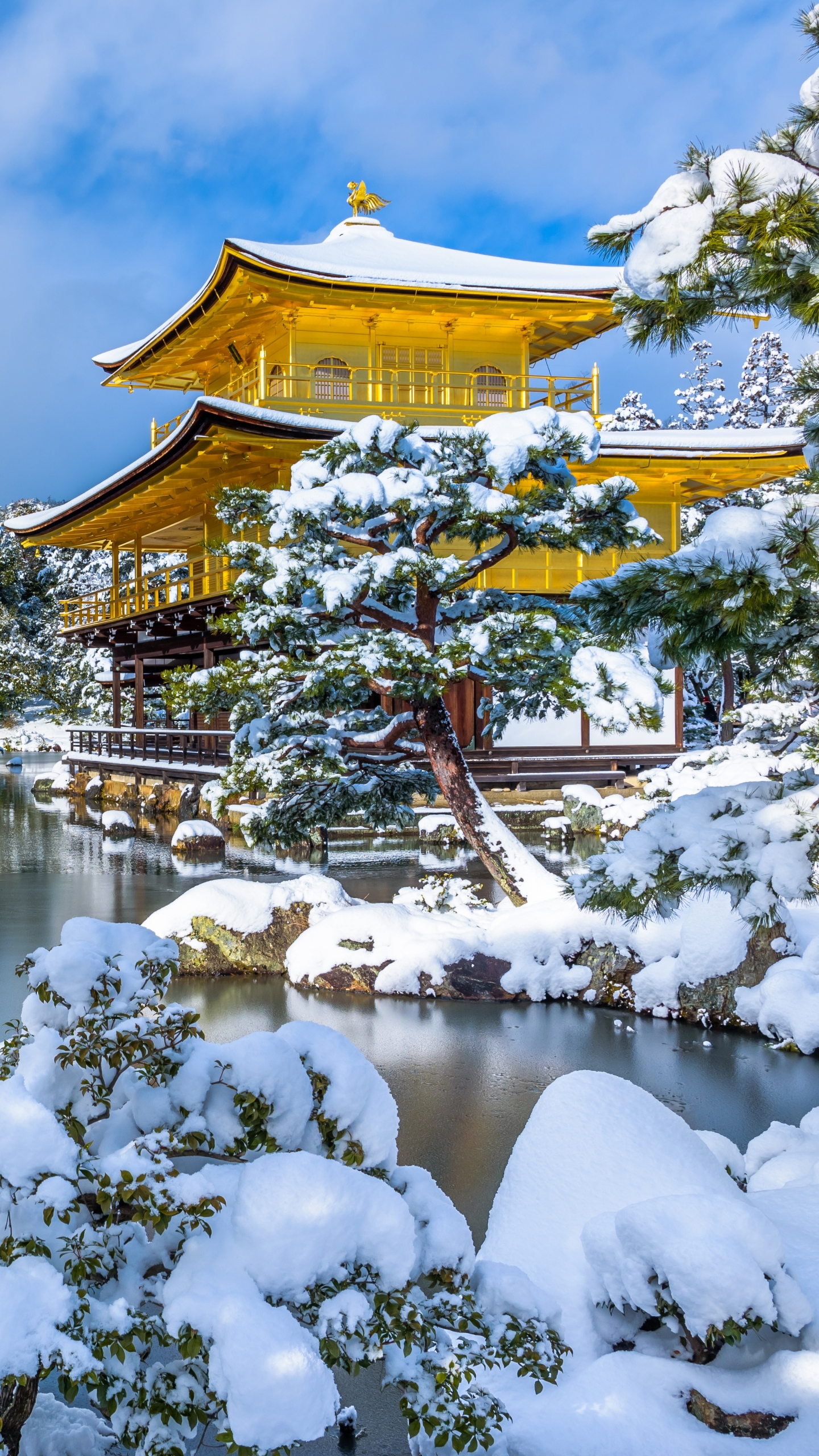Descarga gratuita de fondo de pantalla para móvil de Invierno, Nieve, Lago, Pagoda, Japón, Religioso.