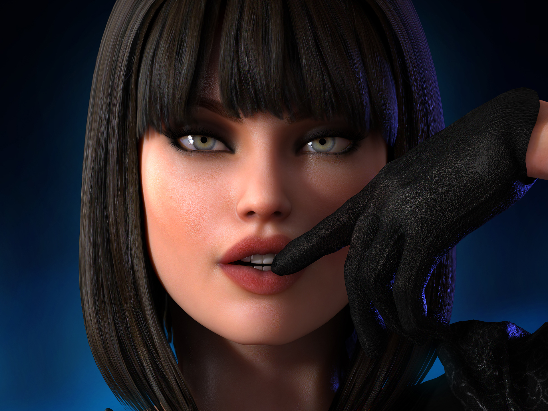 Download mobile wallpaper Hand, Artistic, Face, Glove, Women, Green Eyes, Cgi for free.