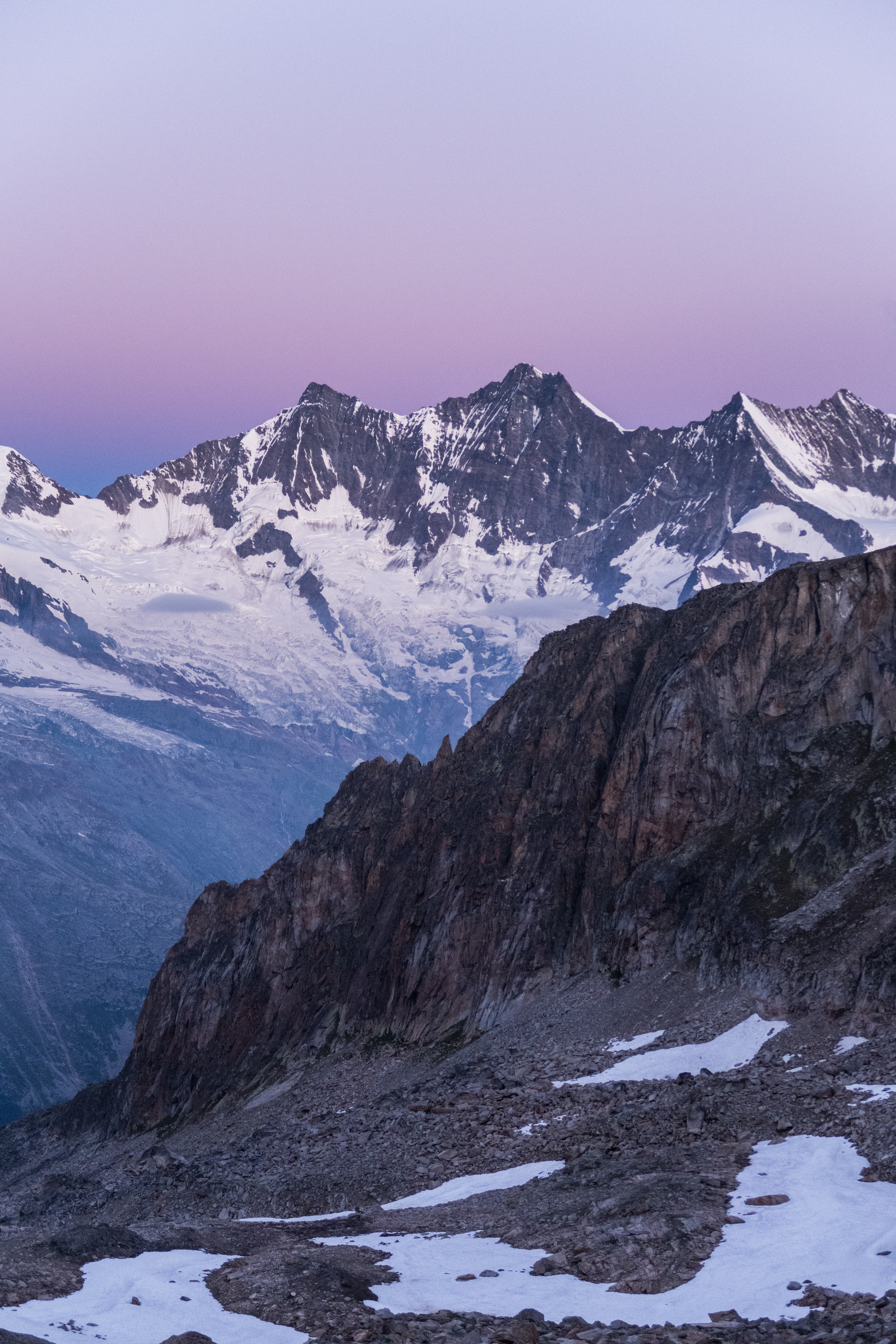 Download mobile wallpaper Snow, Twilight, Nature, Dusk, Mountains, Landscape, Violet, Purple for free.