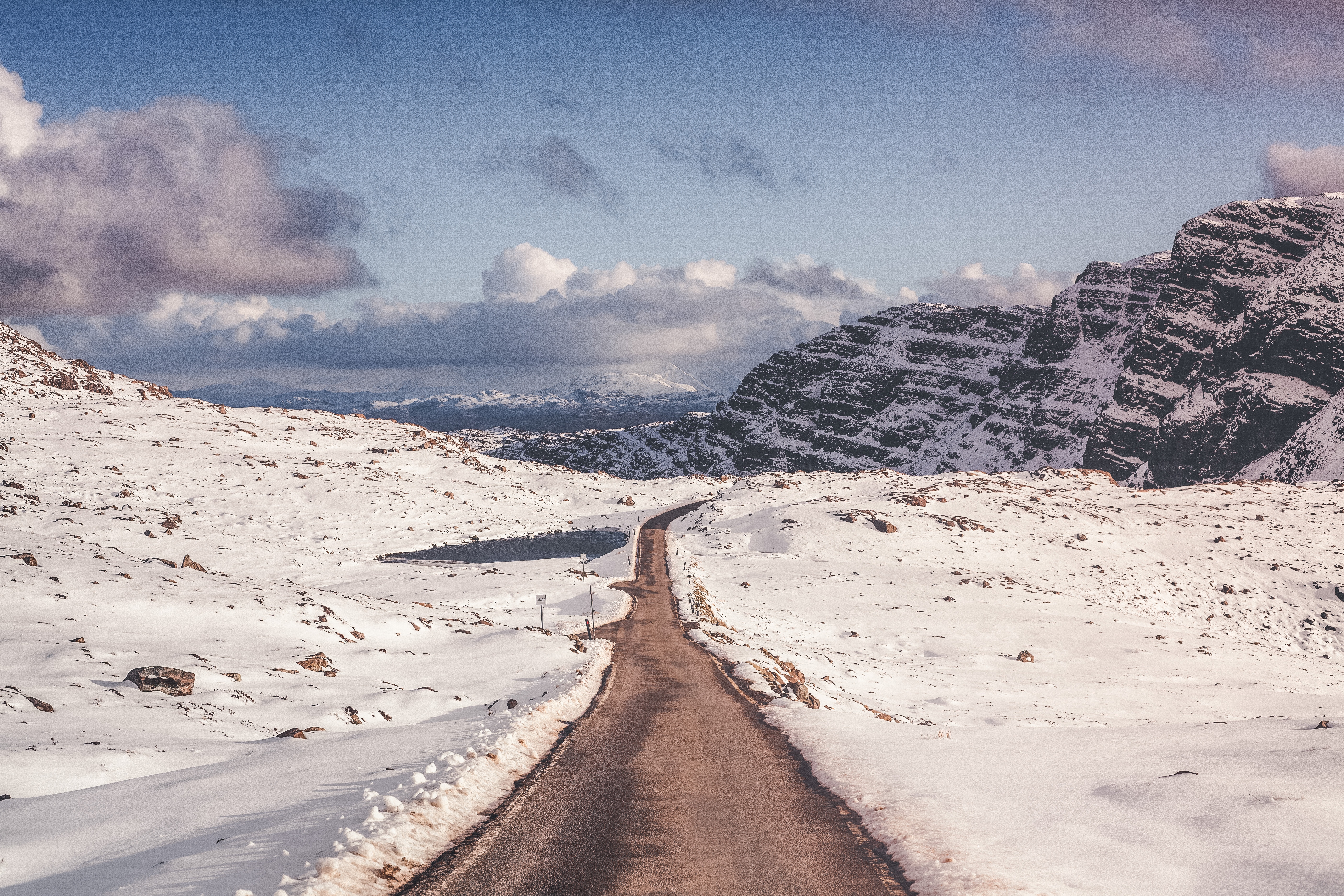 Download mobile wallpaper Turn, Road, Mountains, Snow, Nature for free.