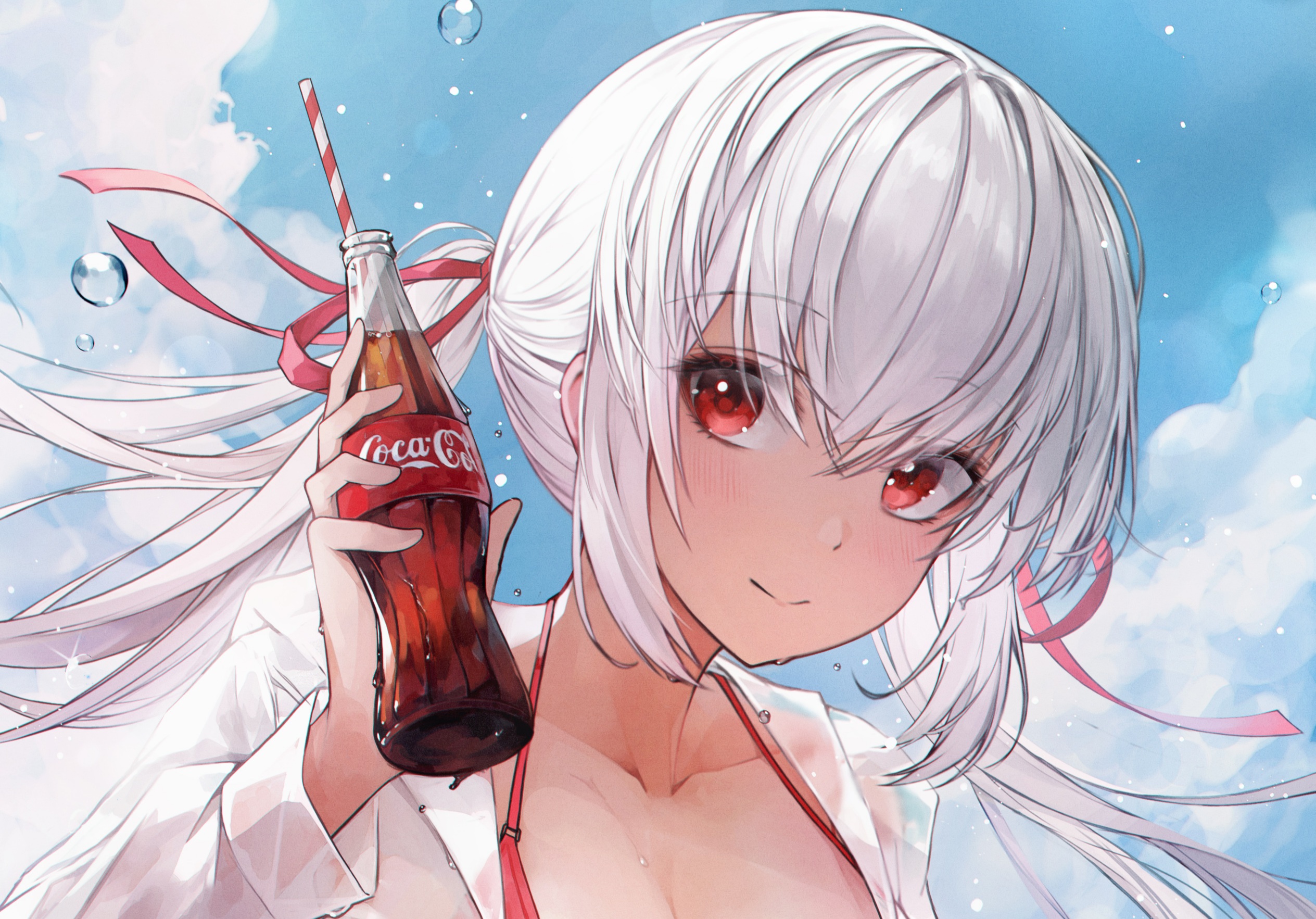 Download mobile wallpaper Anime, Coca Cola, Original, Red Eyes, White Hair for free.