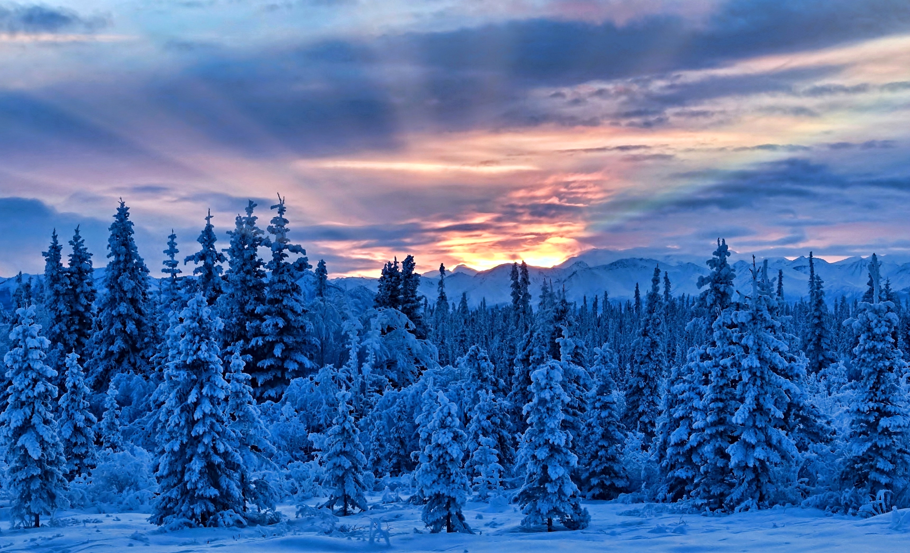 Download mobile wallpaper Winter, Nature, Sunset, Sky, Snow, Mountain, Forest, Earth, Cloud, Sunbeam for free.