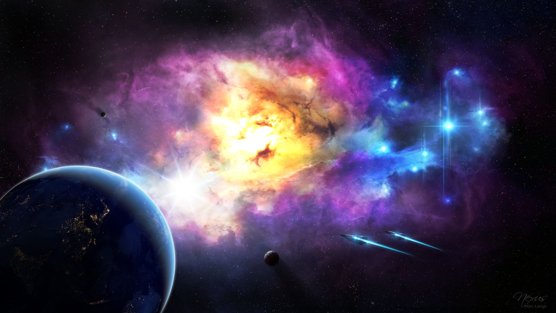 Free download wallpaper Stars, Earth, Nebula, Space, Planet, Sci Fi, Spaceship on your PC desktop