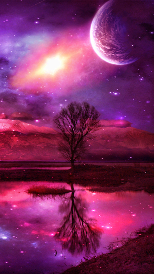 Скачать картинку Пейзаж, Фэнтези, Луна, Озеро, Пурпурный в телефон бесплатно.