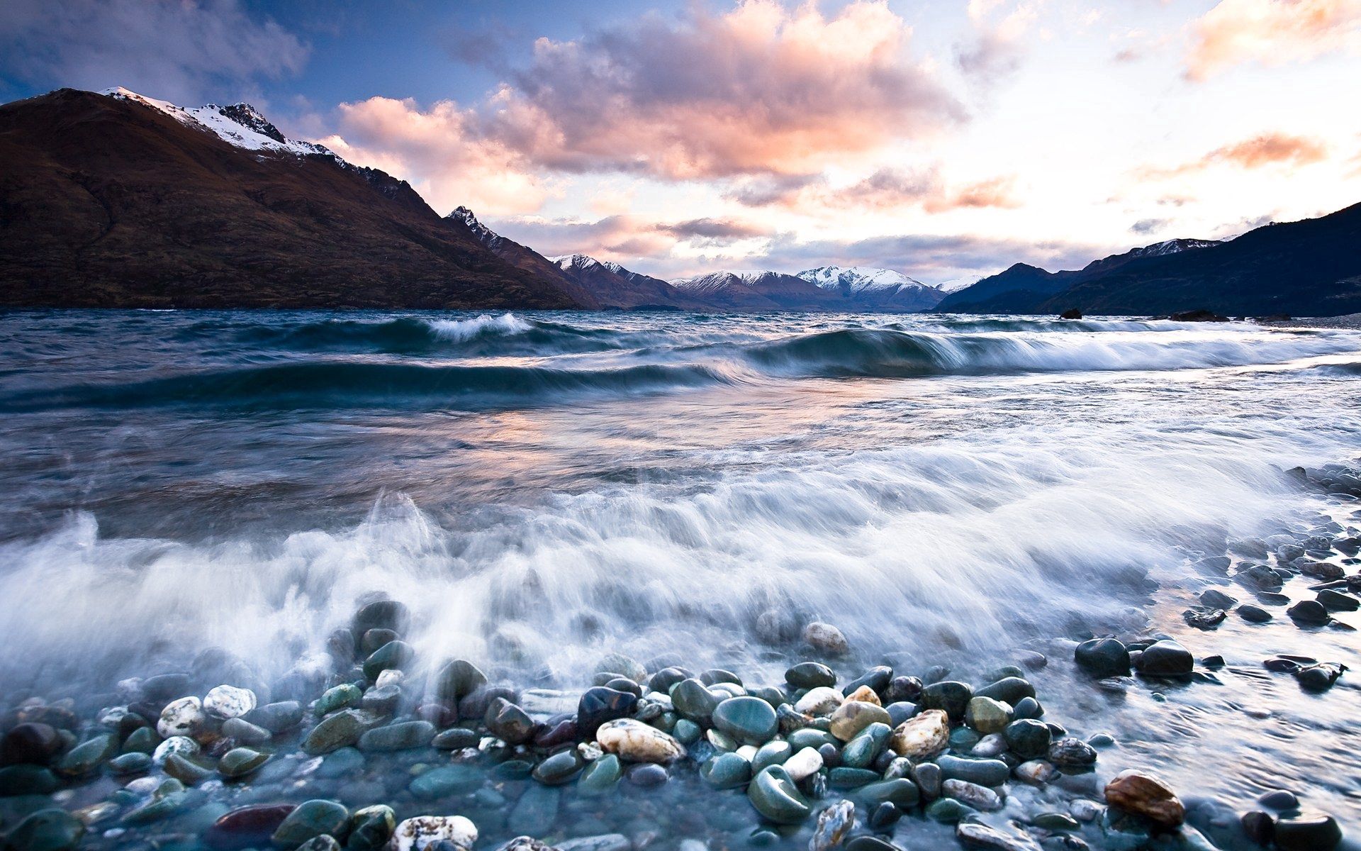 Free download wallpaper Stones, Mountains, Foam, Nature, Water, Clouds, Wave, Beach on your PC desktop