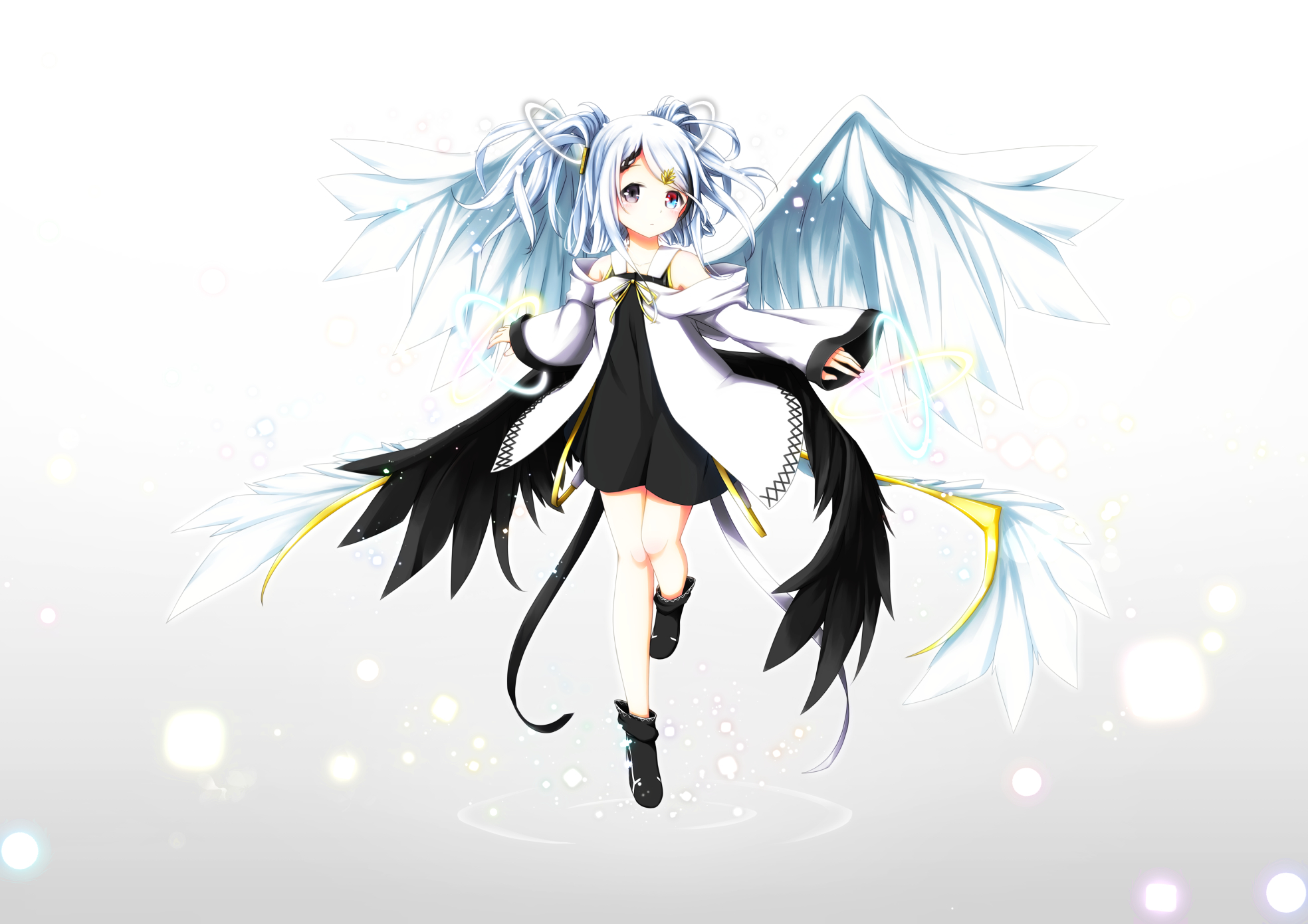Laden Sie das Engel, Flügel, Heterochromie, Blaue Augen, Animes, Kurzes Haar, Lila Augen, Twintails-Bild kostenlos auf Ihren PC-Desktop herunter