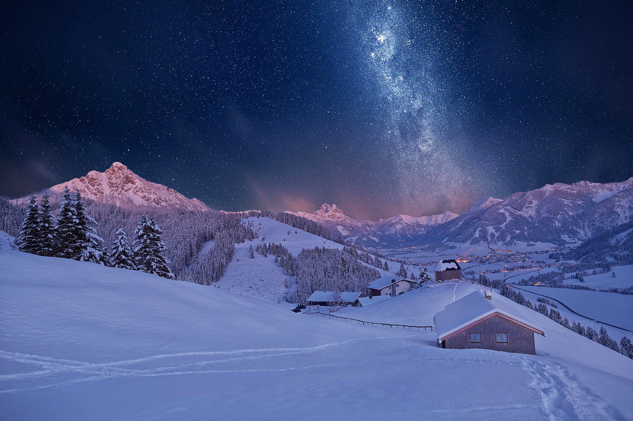 Download mobile wallpaper Winter, Nature, Sky, Stars, Night, Mountain, Photography for free.