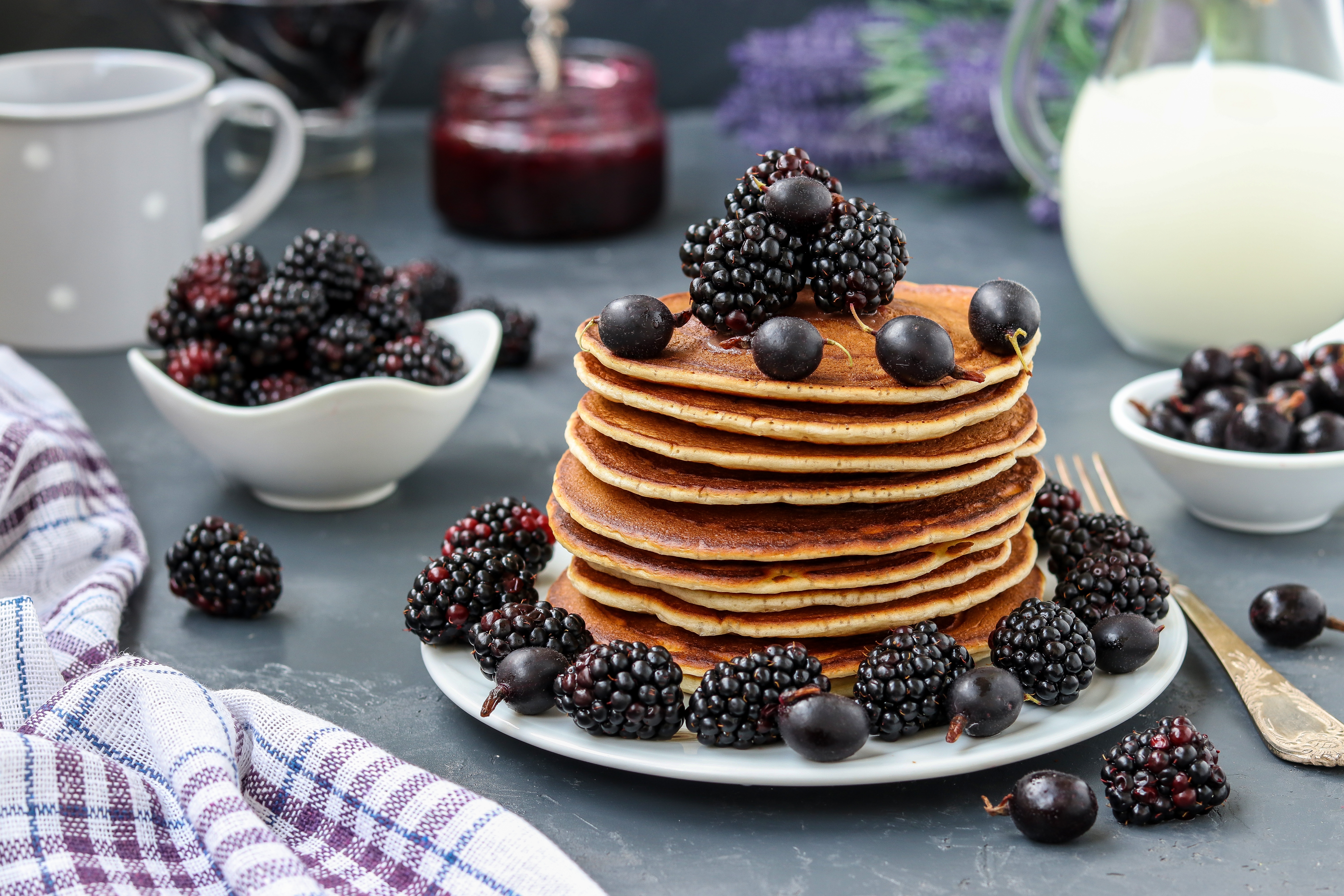 Download mobile wallpaper Food, Blueberry, Still Life, Blackberry, Berry, Fruit, Breakfast, Pancake for free.