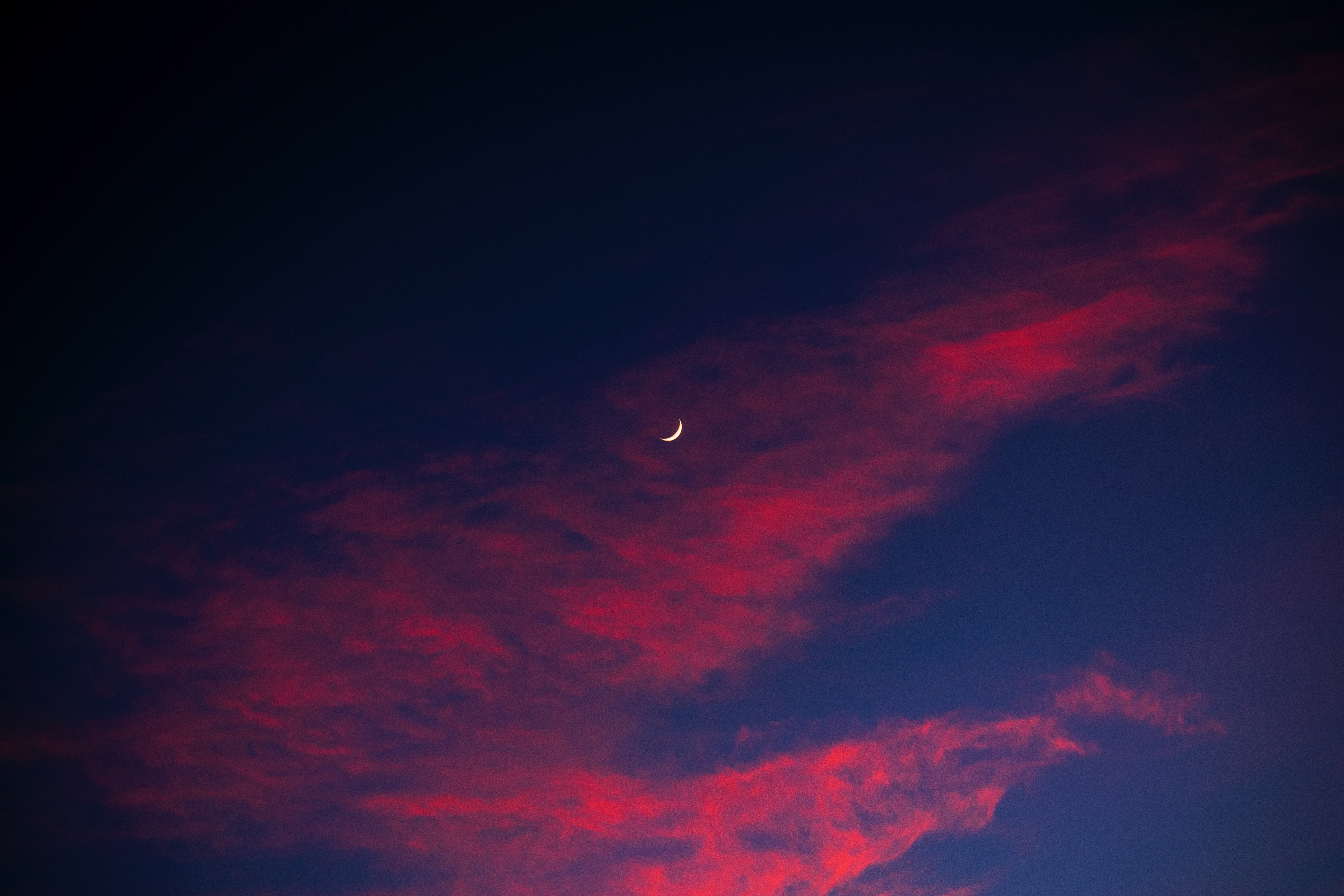 moon, crescent, clouds, sky, night, nature