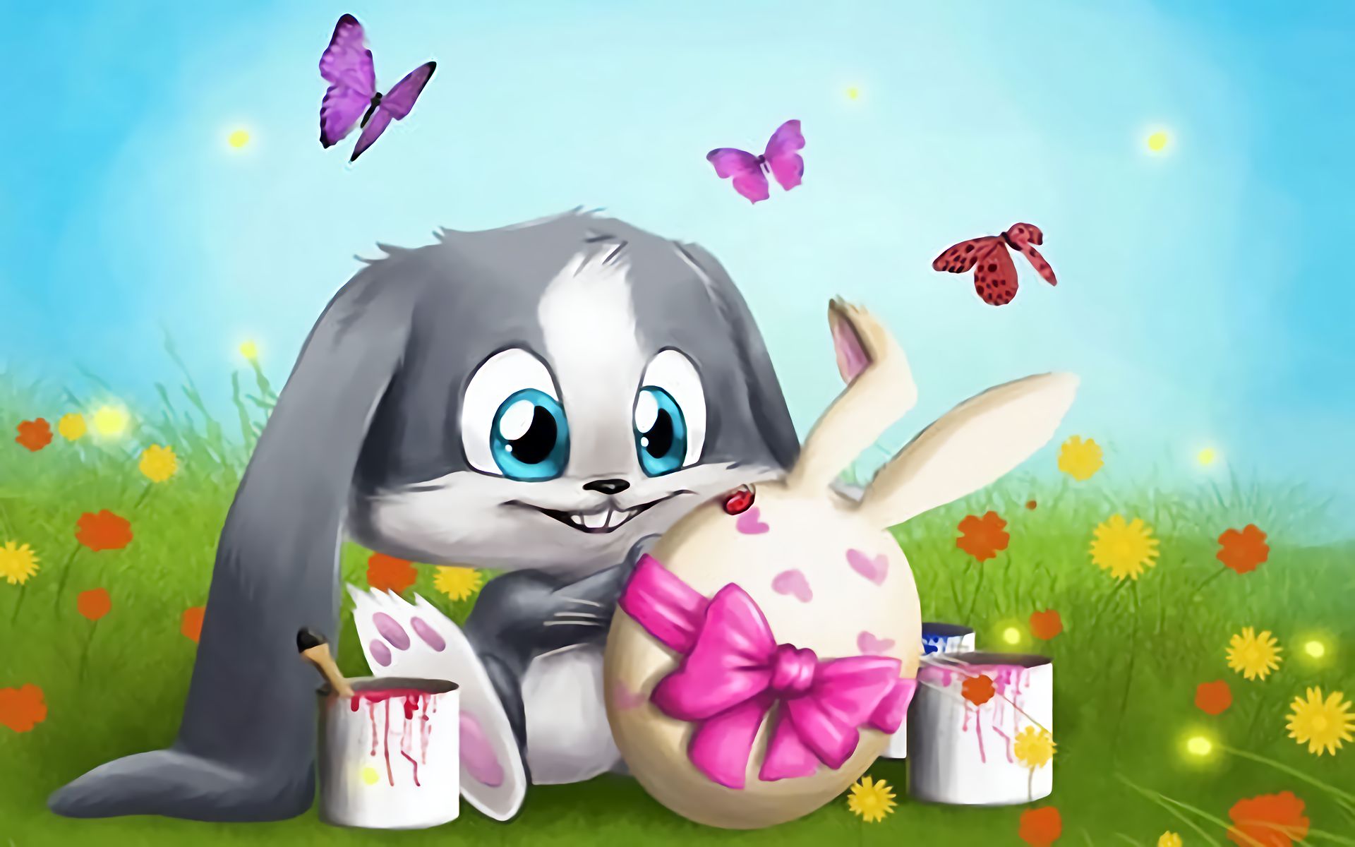 Download mobile wallpaper Easter, Flower, Holiday, Field, Butterfly, Painting, Bunny, Easter Egg for free.