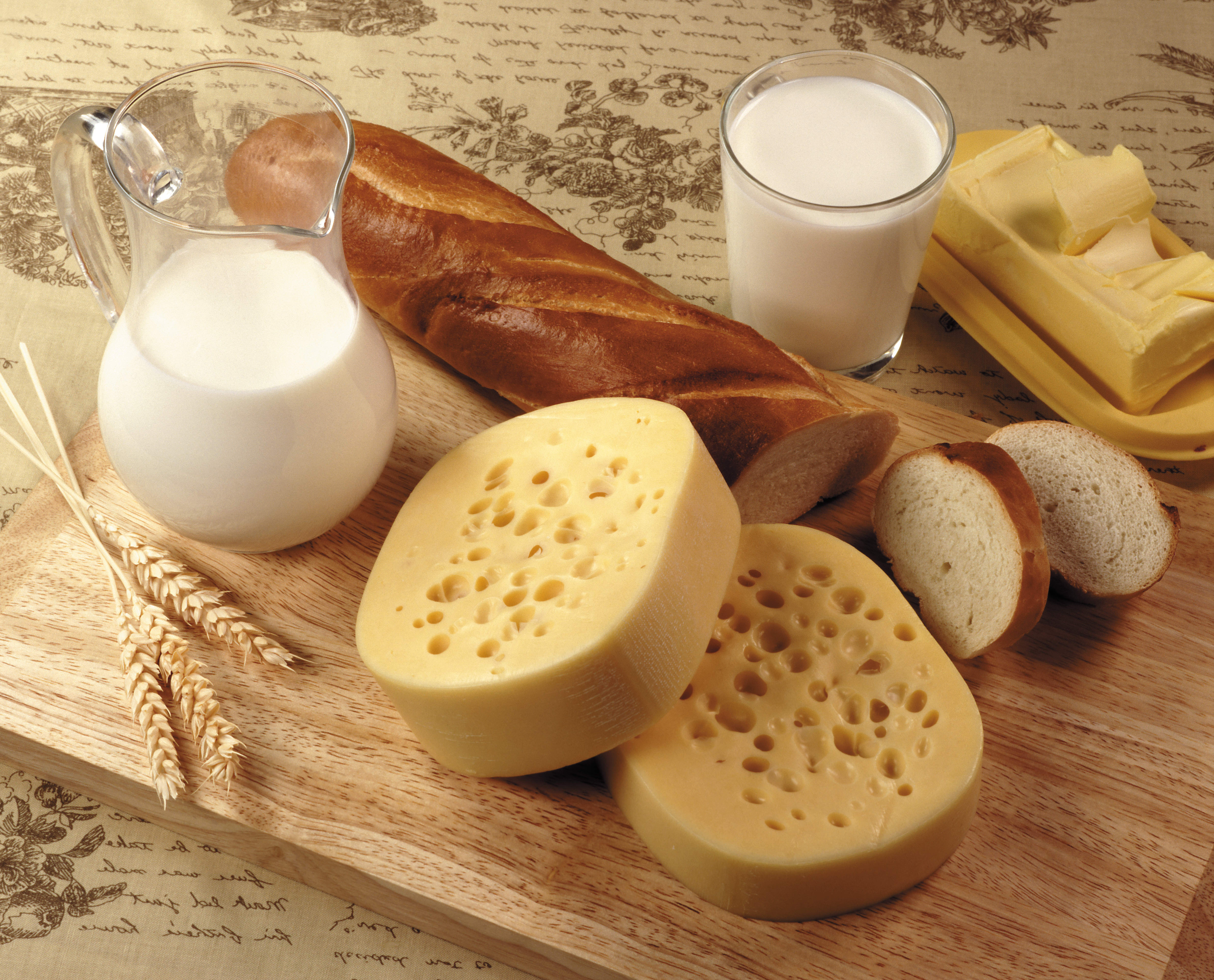 food, still life, bread, butter, cheese, milk