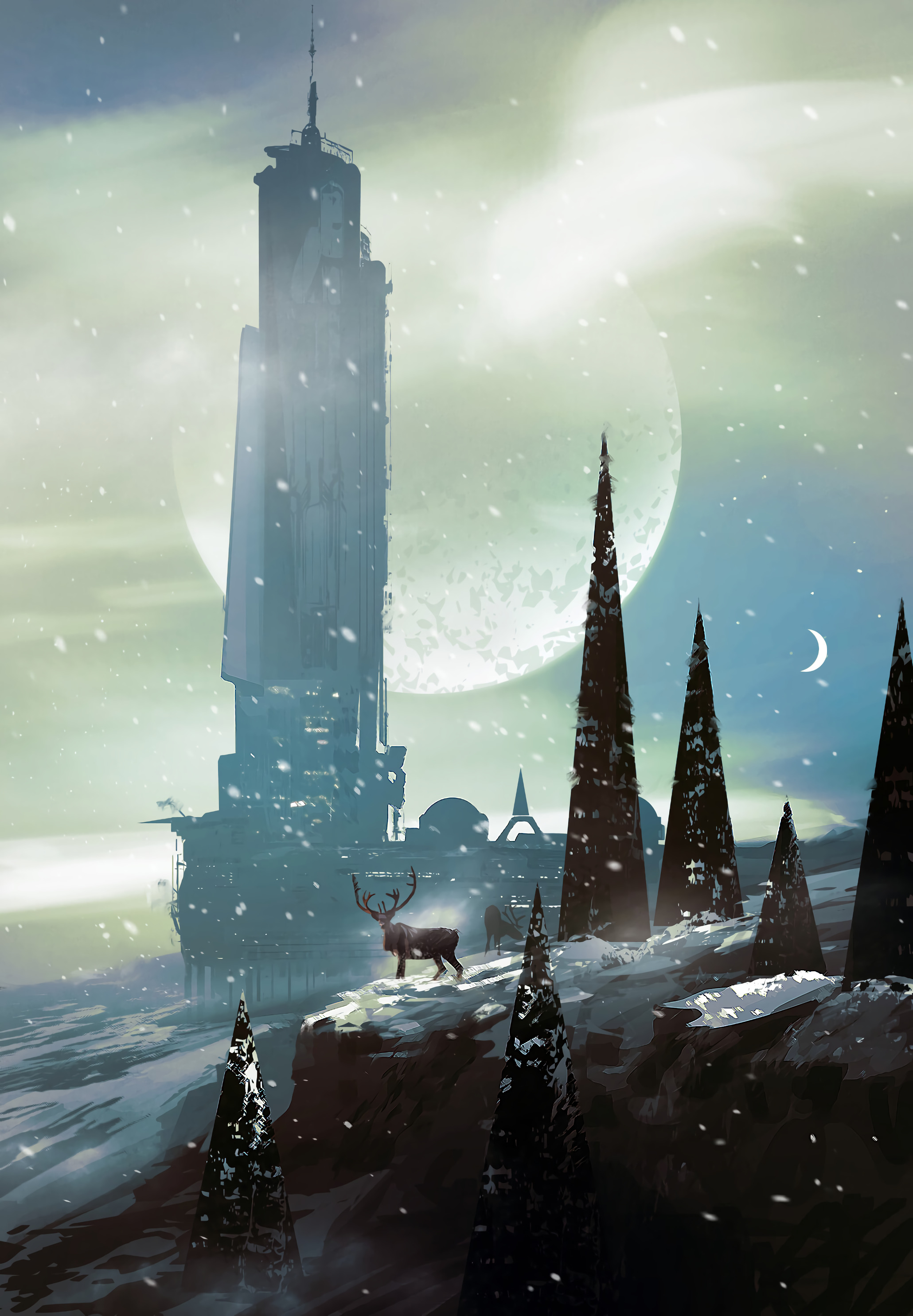 sci fi, art, trees, snow, deers, building for android