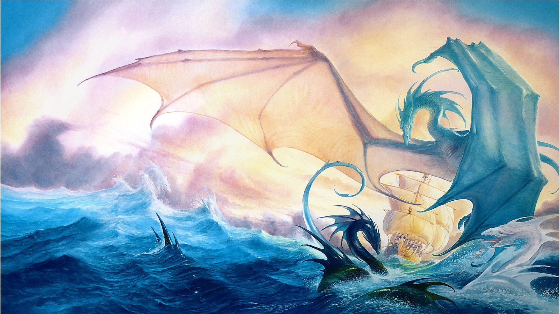 157876 завантажити картинку дракони, фентезі, море, хвилі, корабель - шпалери і заставки безкоштовно